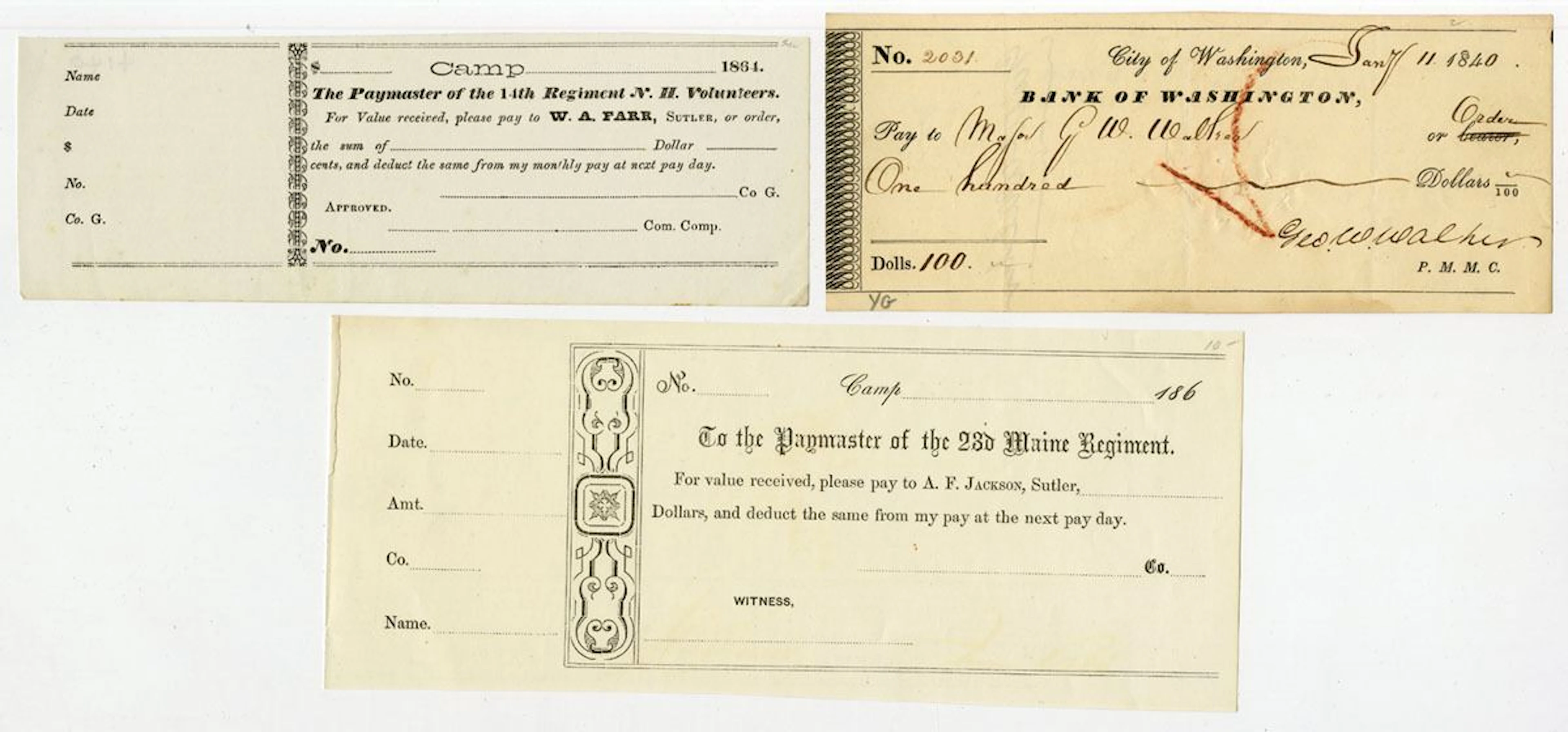 ME. NH. D.C., Group Lot of 3 American Sutler and Bank Documents, 1840-1864