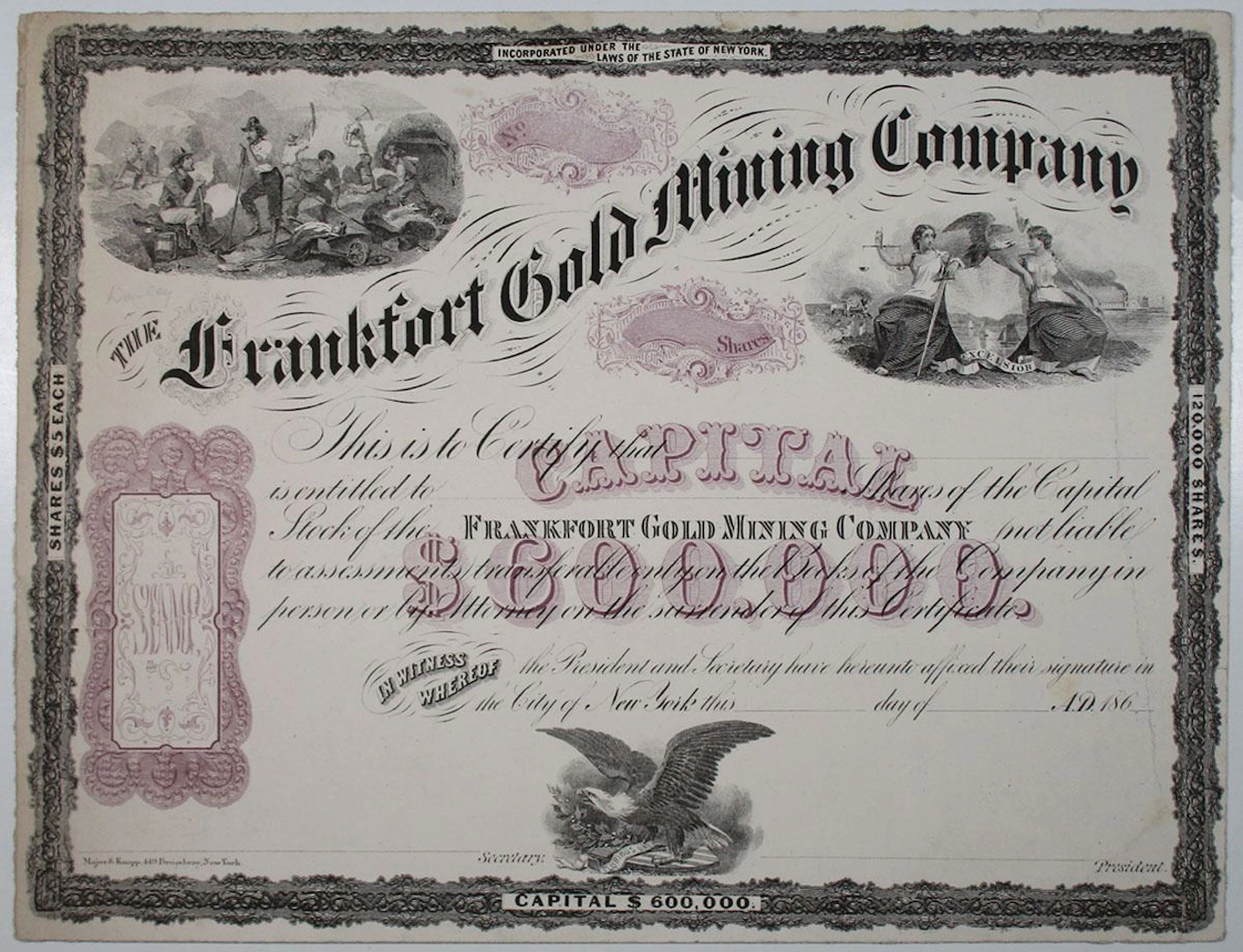 NY. Frankfort Gold Mining Co. 1860s Litho Proof Stock Certificate