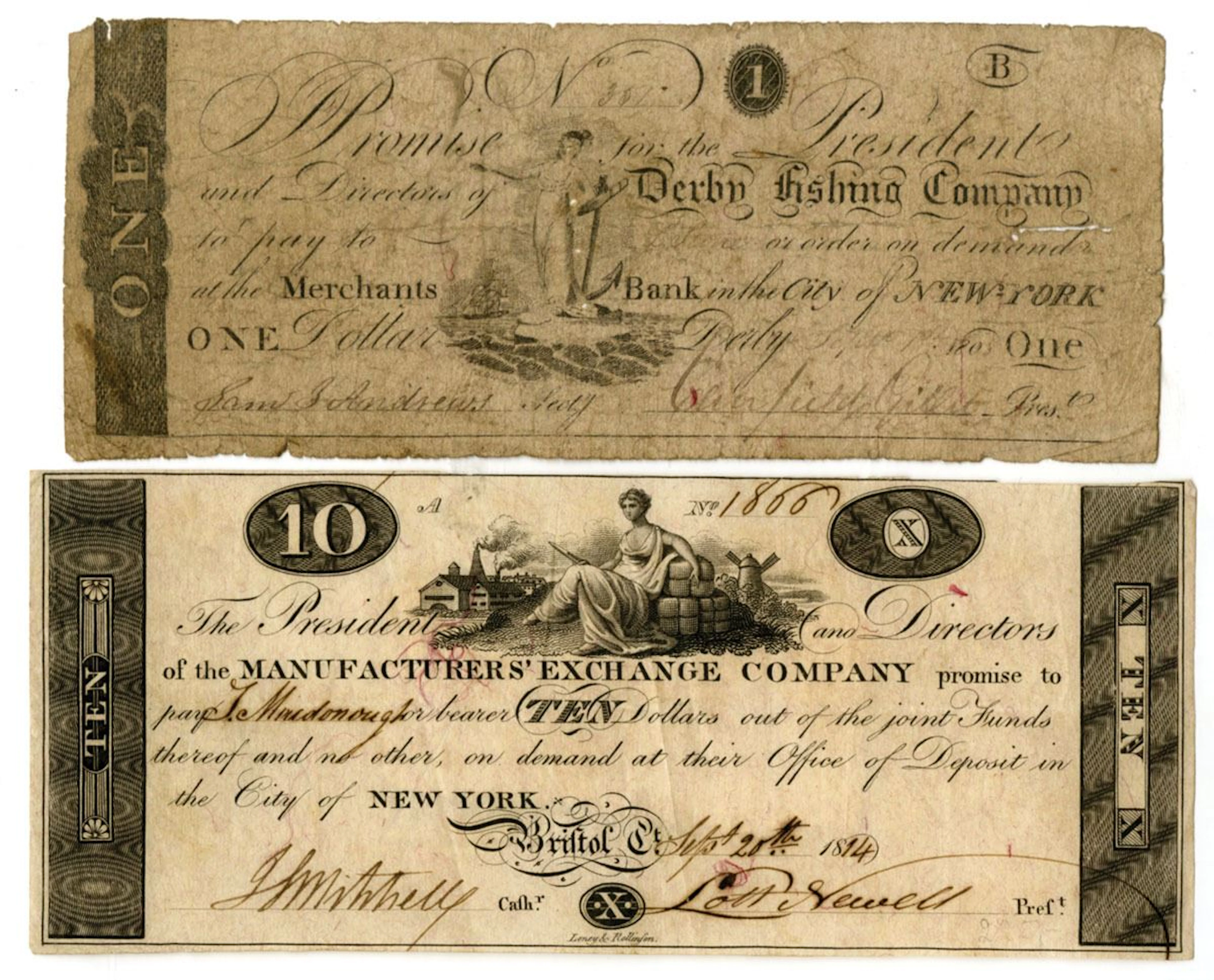 New York Obsolete Banknote Pair, 1808 and 1814.