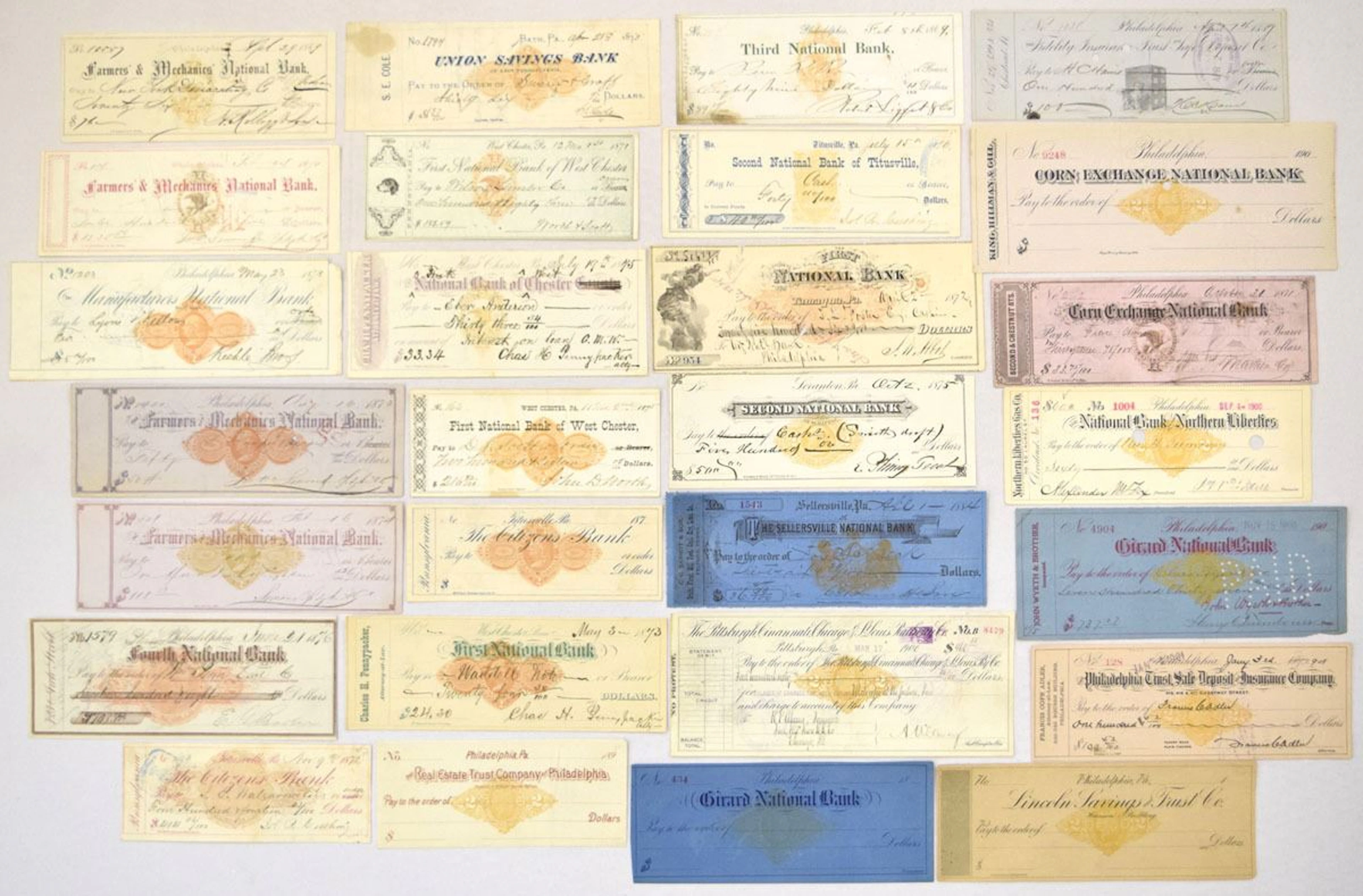 PA. Pennsylvania Check Assortment, 1869 to ND (1900s), with Imprinted