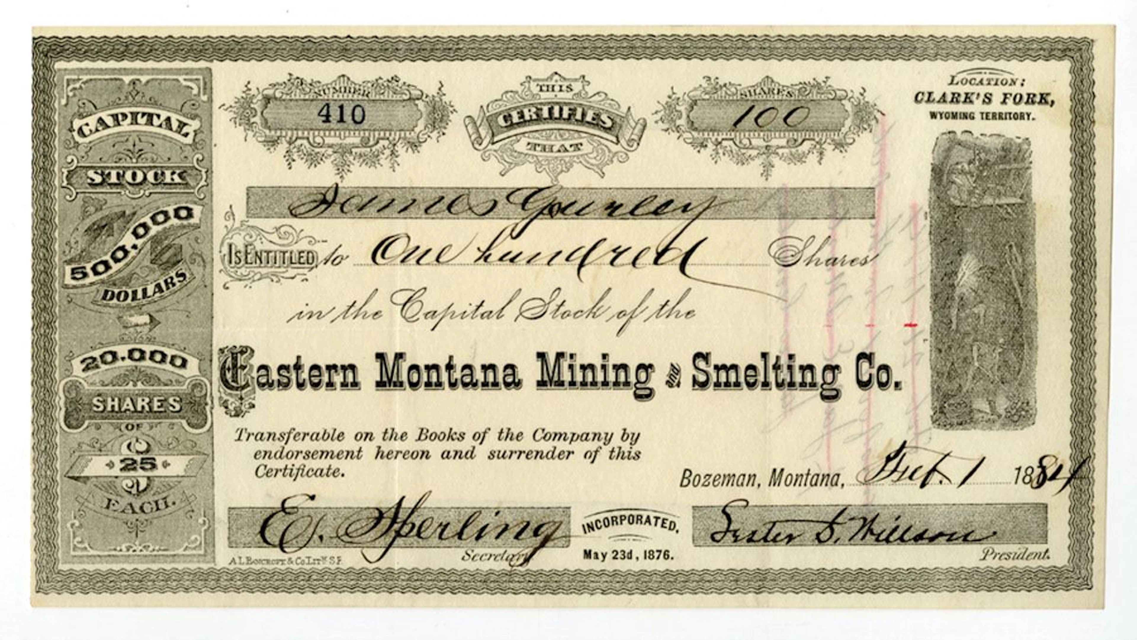 MT. Eastern Montana Mining and Smelting Co., 1884, I/U Stock Certificate.