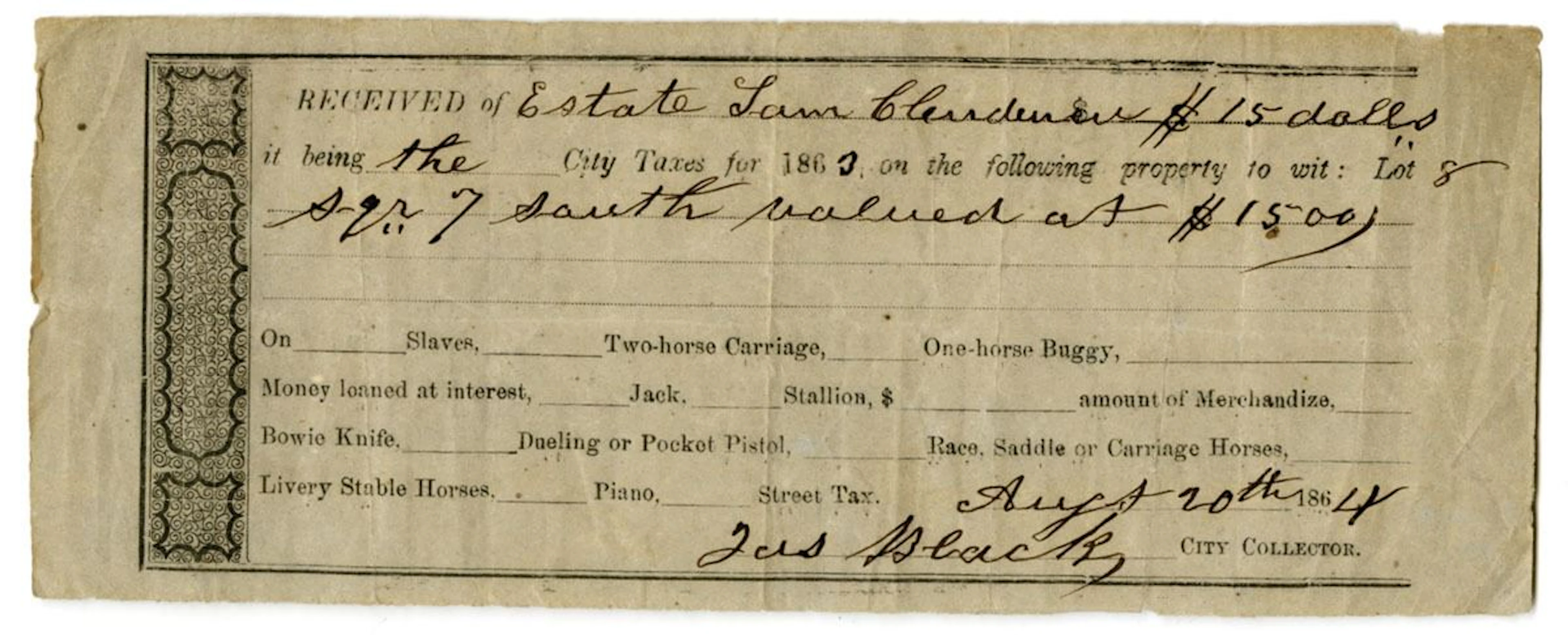 MS. Slave-Related City Tax Receipt, Estate of Sam Claiborne. 1863.