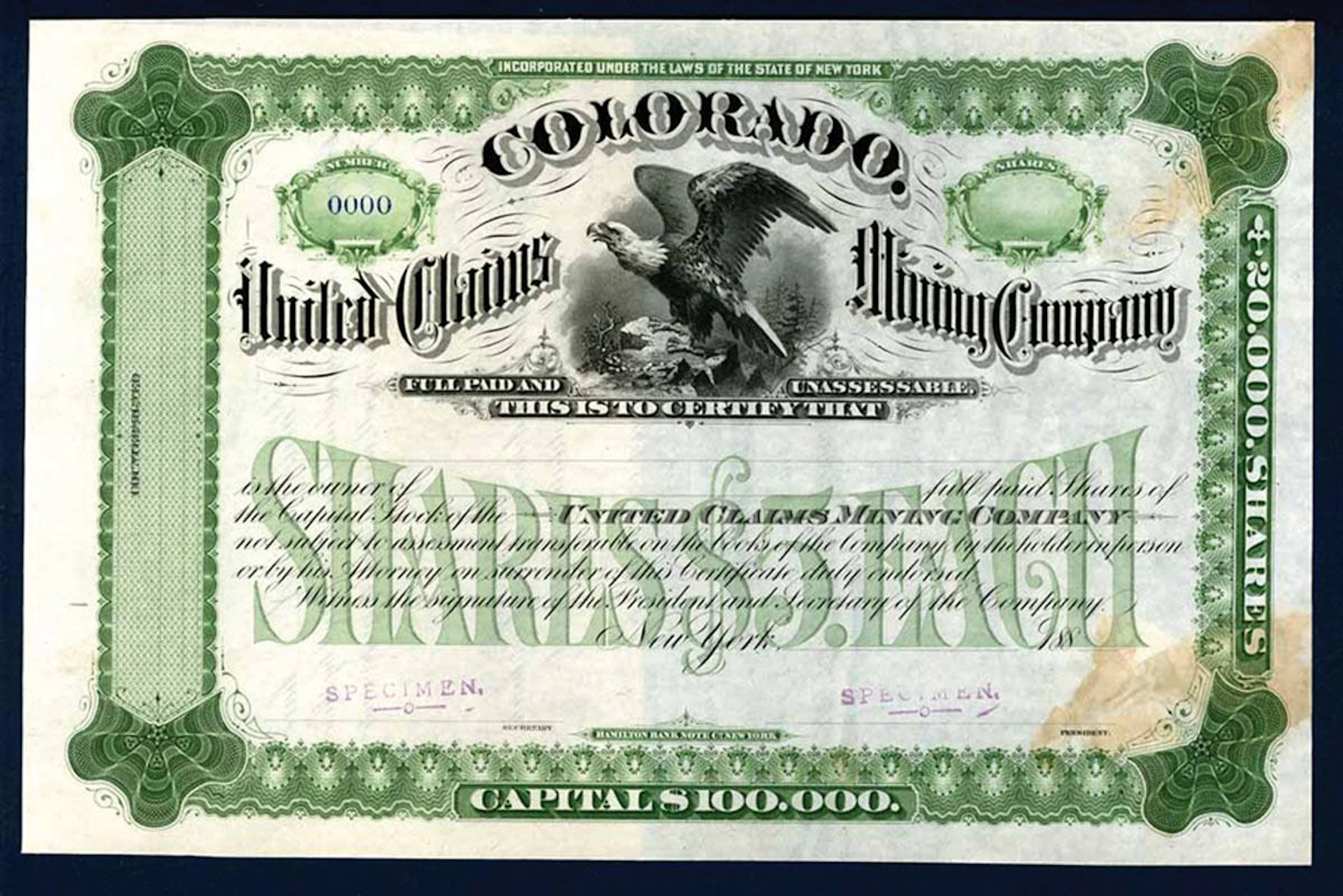 CO. Colorado United Claims Mining Co. ca.1880's Specimen Stock Certificate.