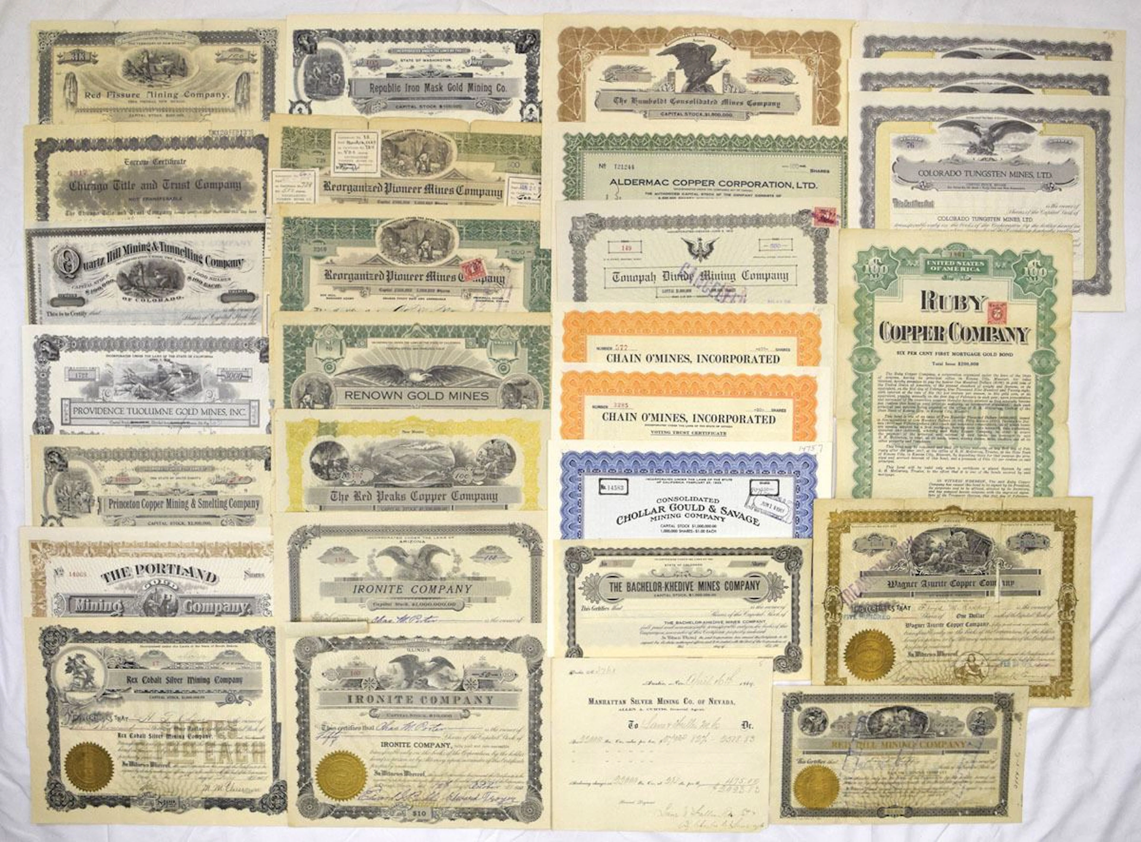 Mining Stock Certificate Assortment, 1870s to 1920s