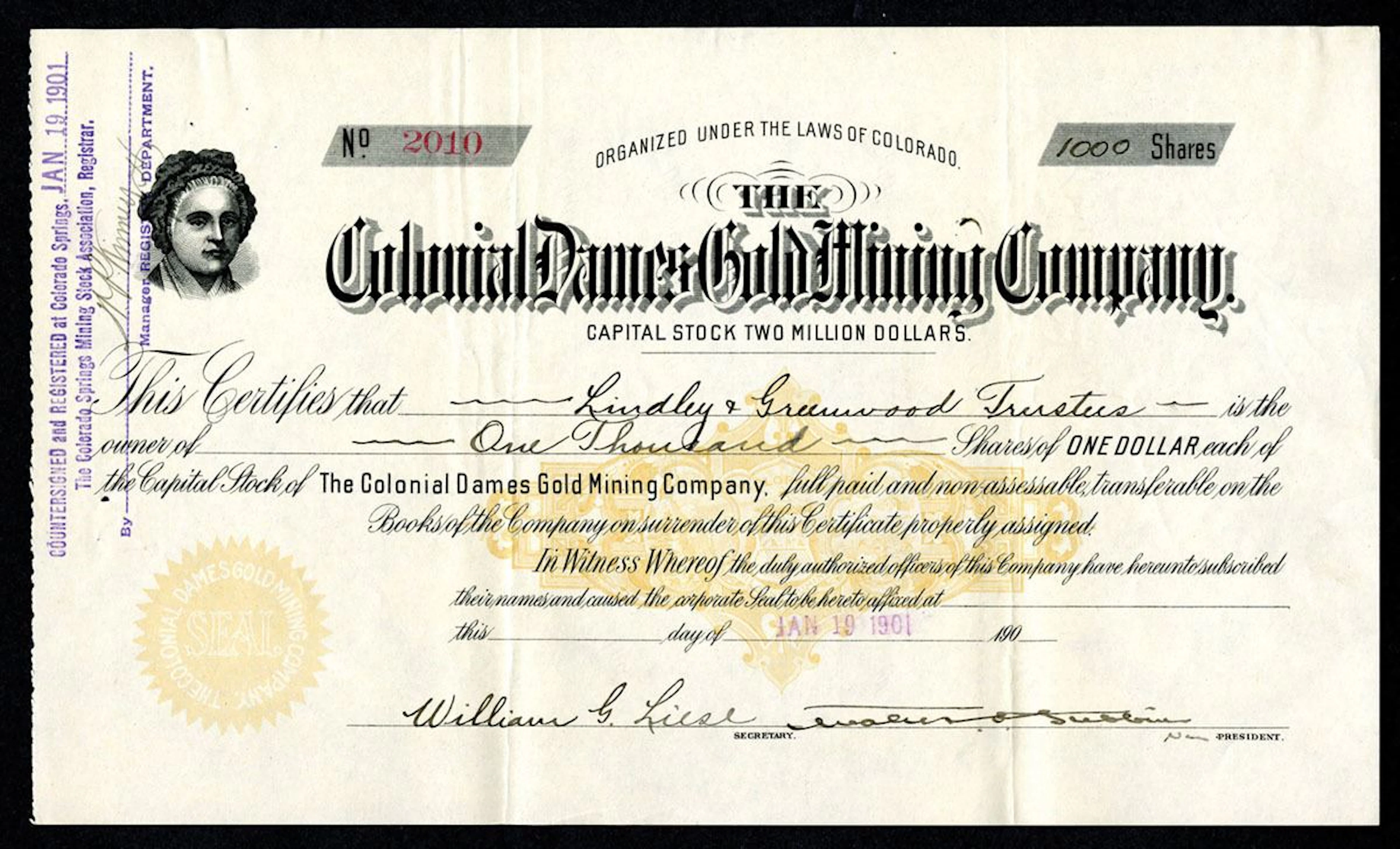 CO. Colonial Dames Gold Mining Co., 1901 I/U Stock Certificate.