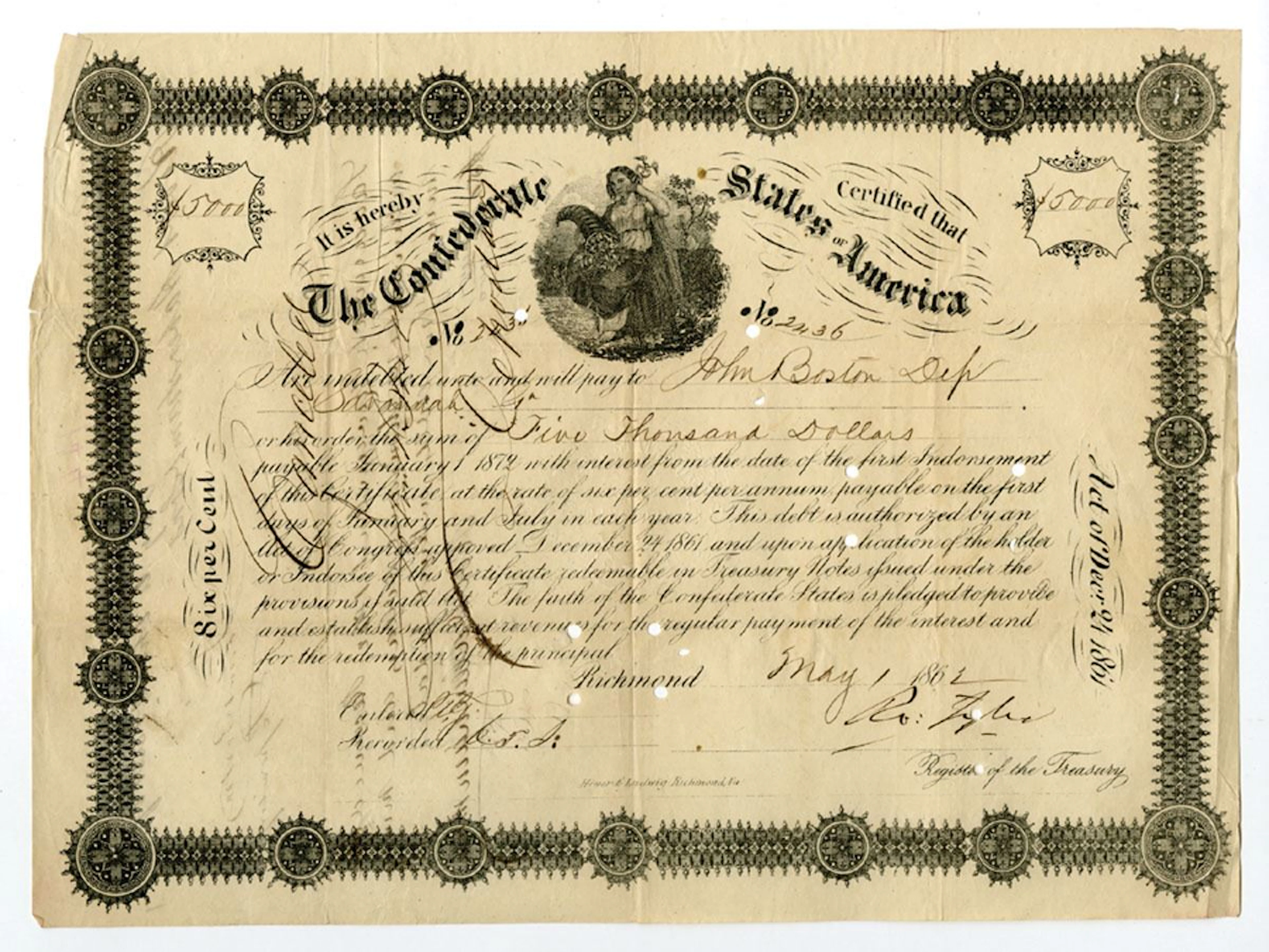 VA. C.S.A., May 1, 1862, Ball #48, Cr-48, $5,000, I/C Bond.