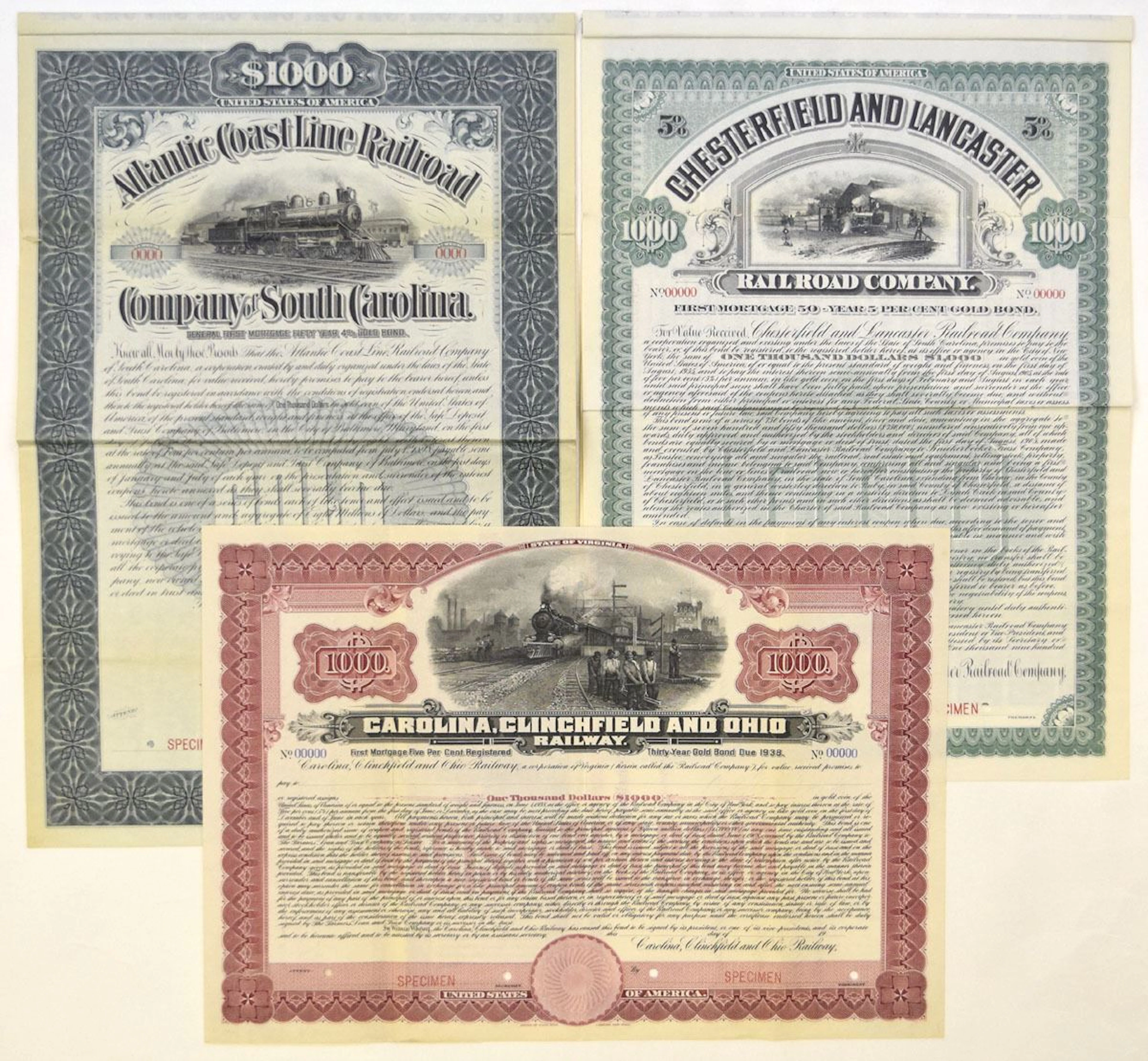 SC & VA. South Carolina and Virginia Specimen Railroad Bonds, 1898 to 1905.