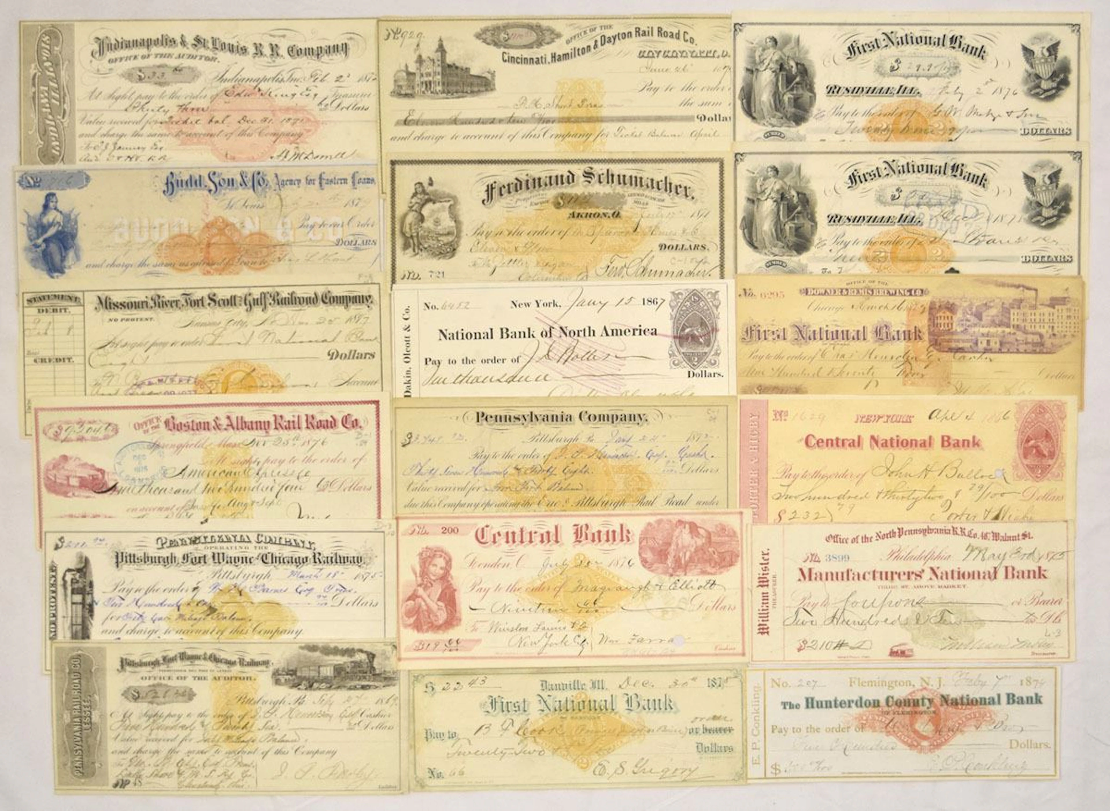 American Railroad and National Bank Check Collection, Most With Various