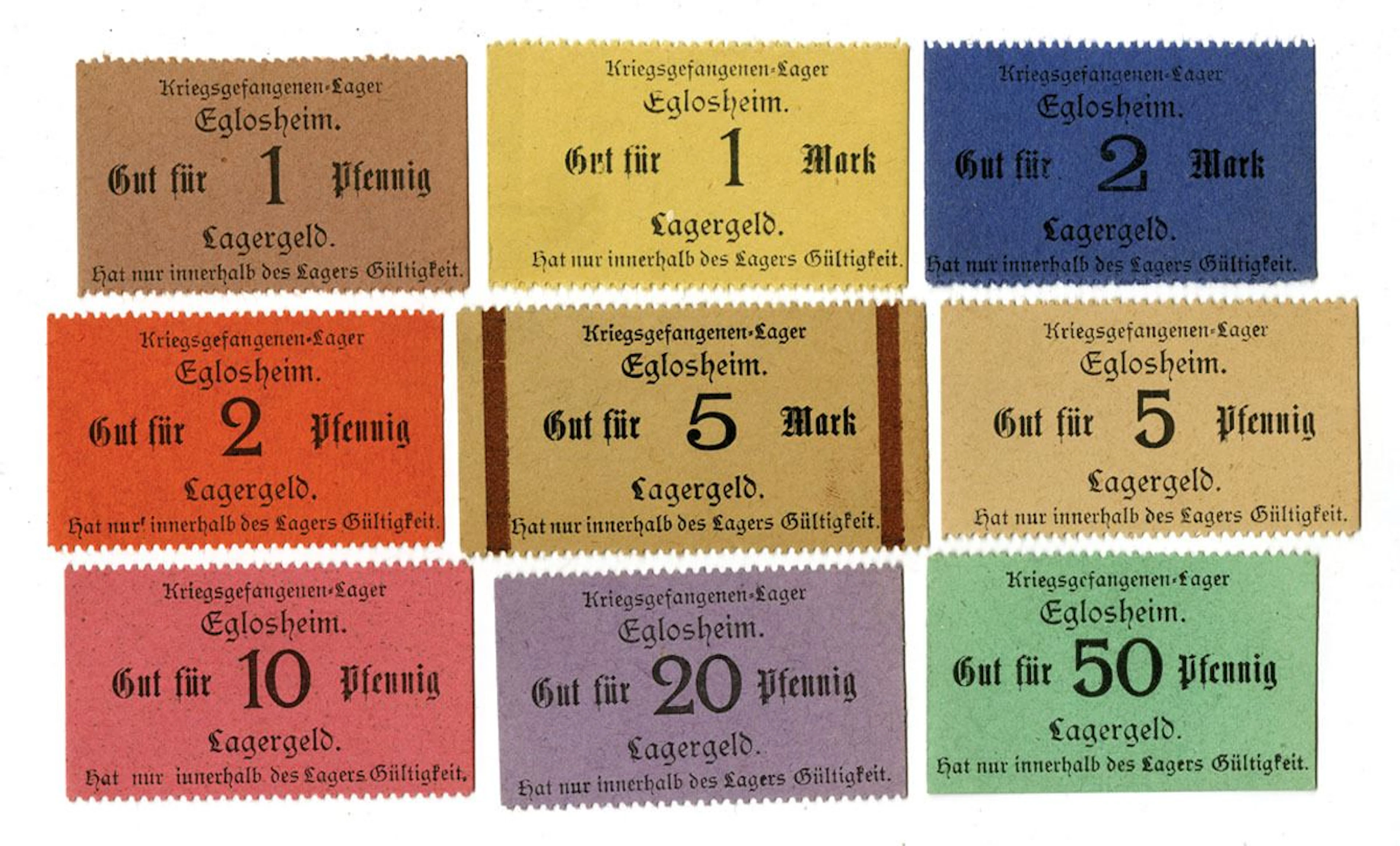 Germany. Ludwigsburg-Eglosheim POW Camp Notgeld Assortment, 1914 to 1918