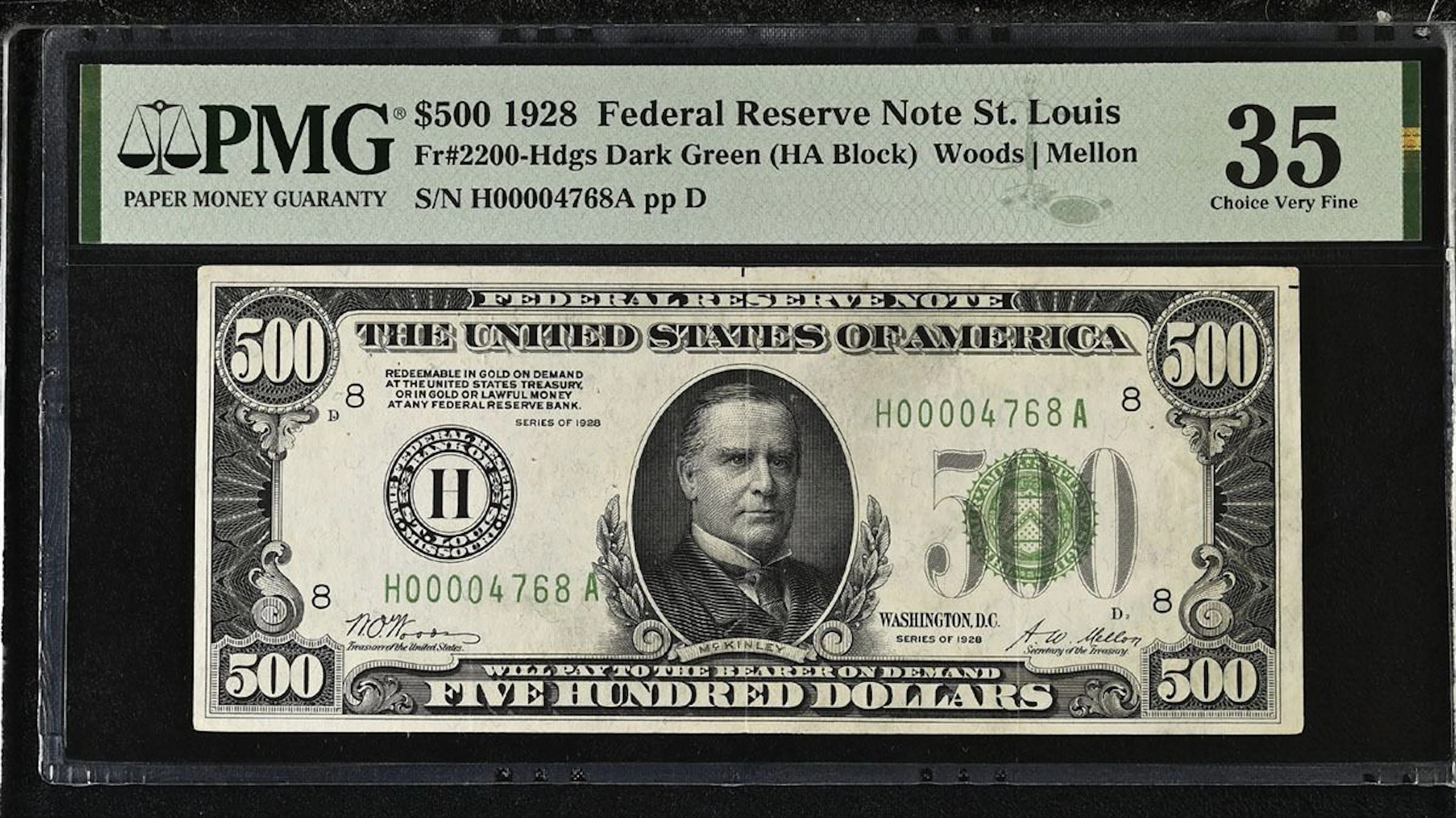 U.S. F.R.N., St. Louis. 1928 $500, Fr.# 2200-H, Issued Banknote, PMG