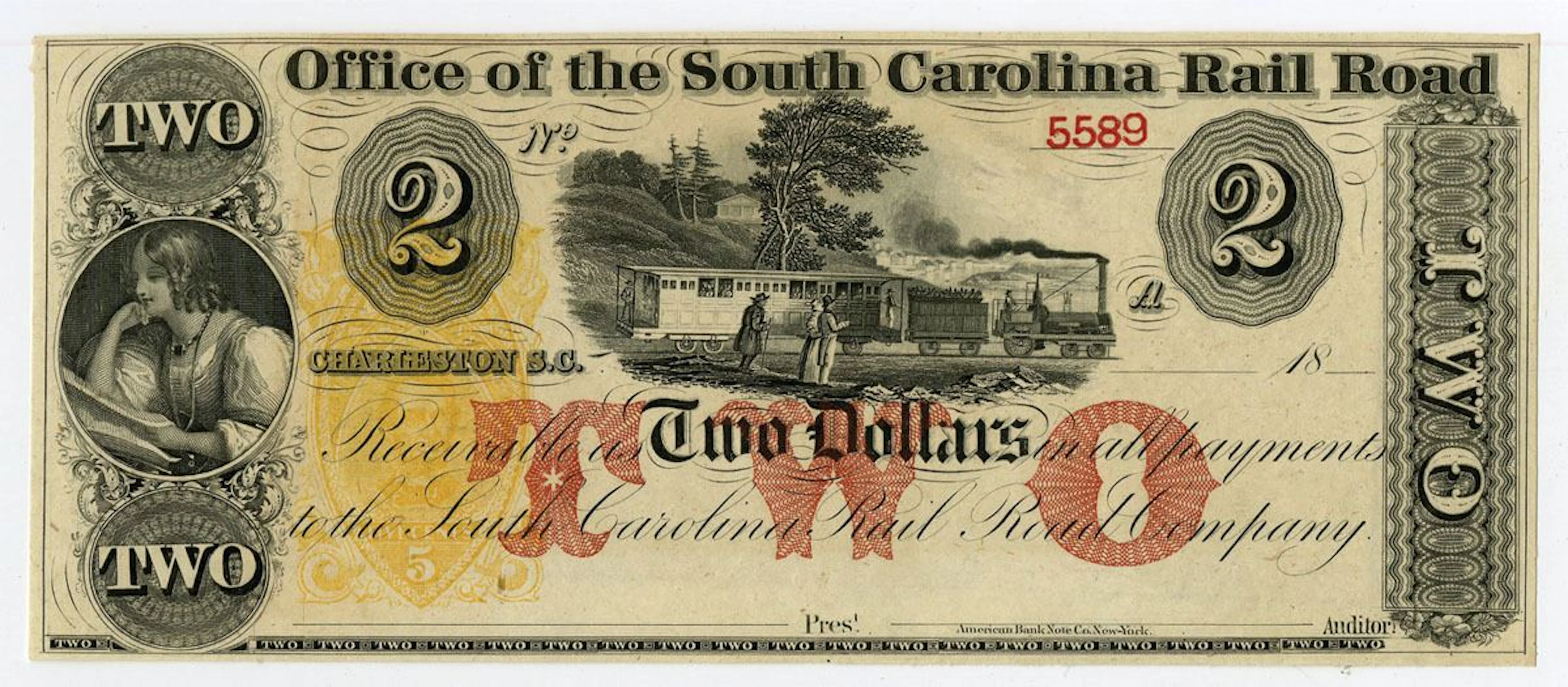 SC. Office of the South Carolina Rail Road $2 Obsolete Note, Charleston
