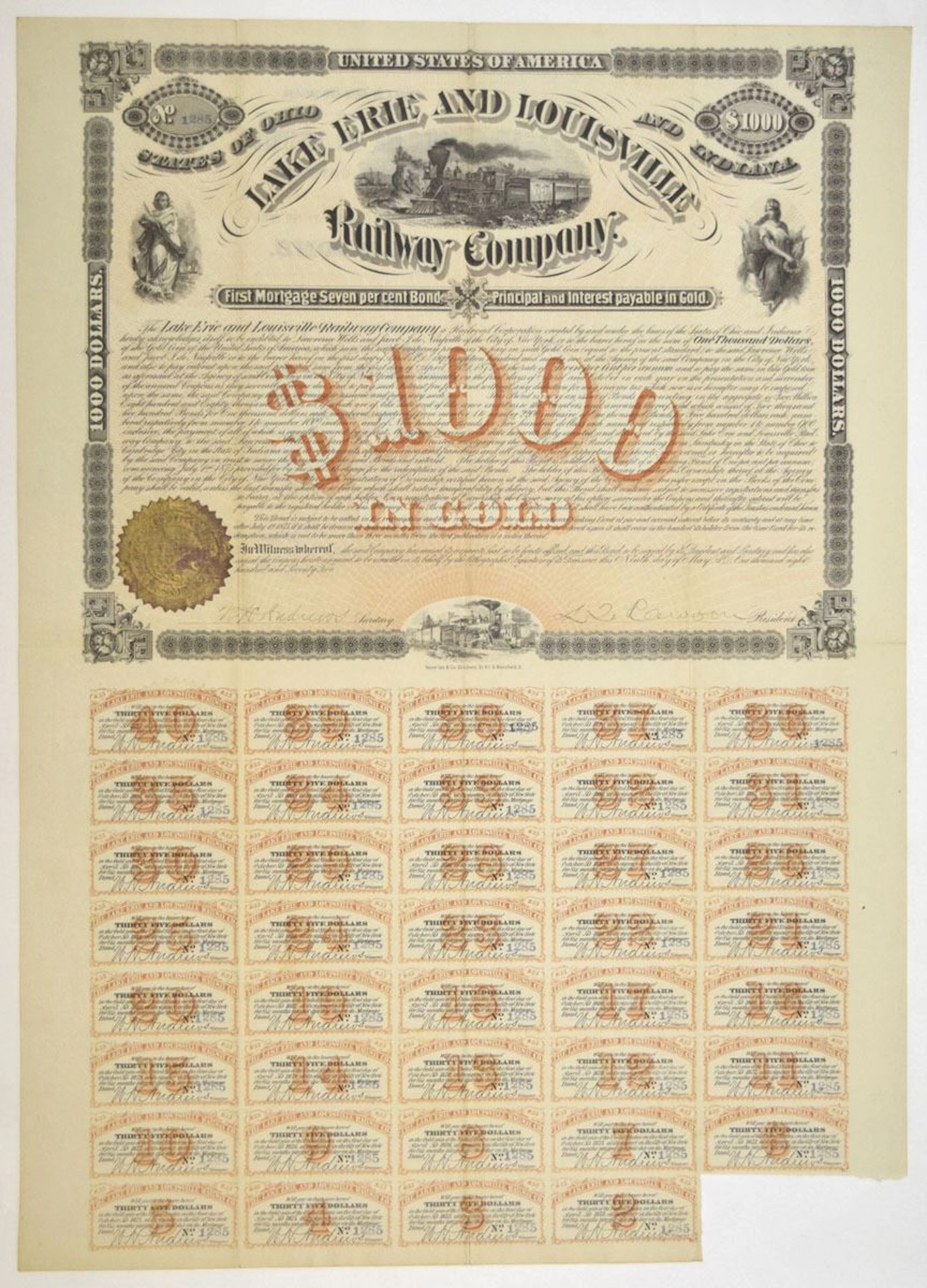OH &IN. Lake Erie and Louisville Railway Co., 1875, I/U Coupon Bond.
