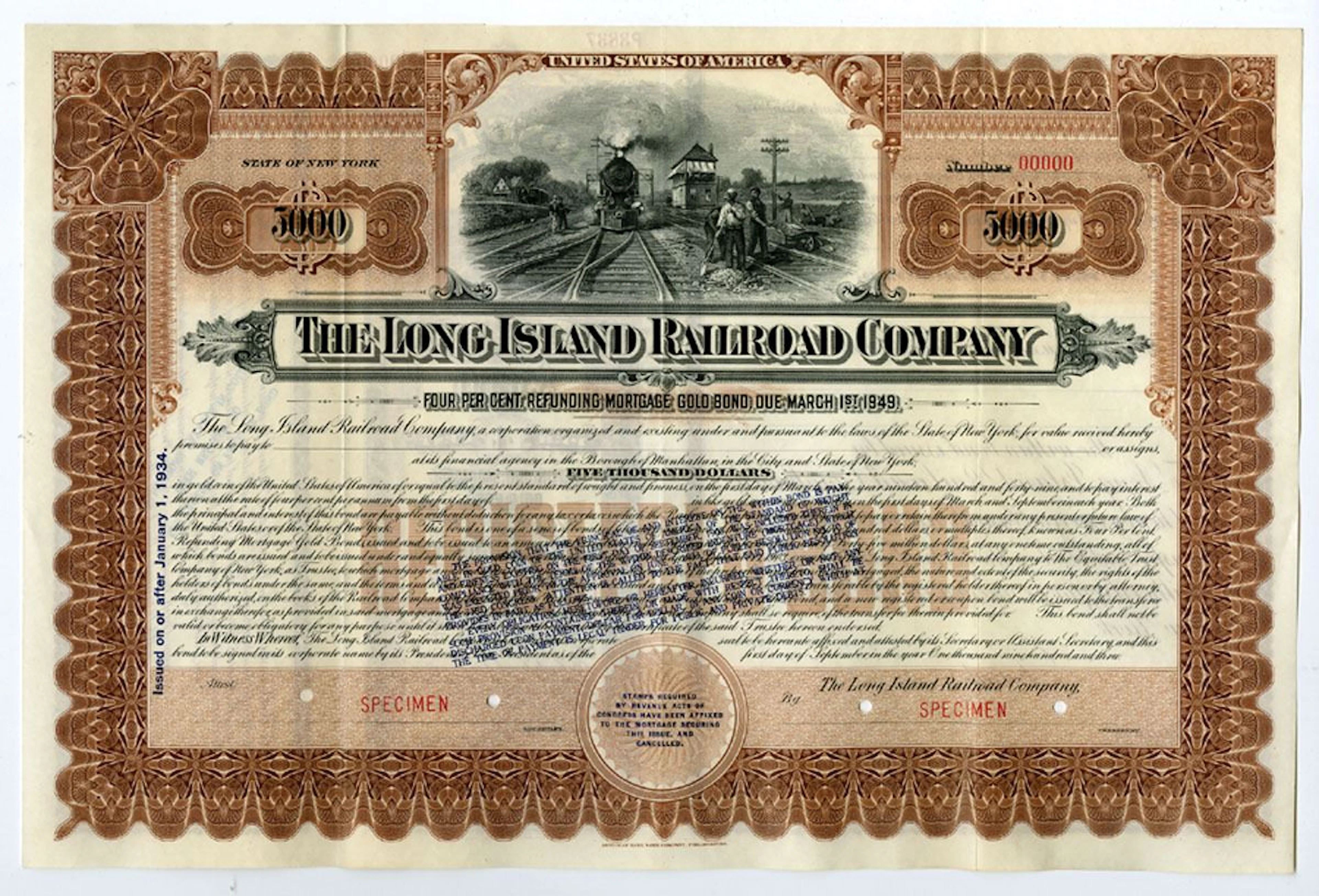 NY. Long Island Railroad Co. 1903 Specimen Bond Reissued in 1934 with