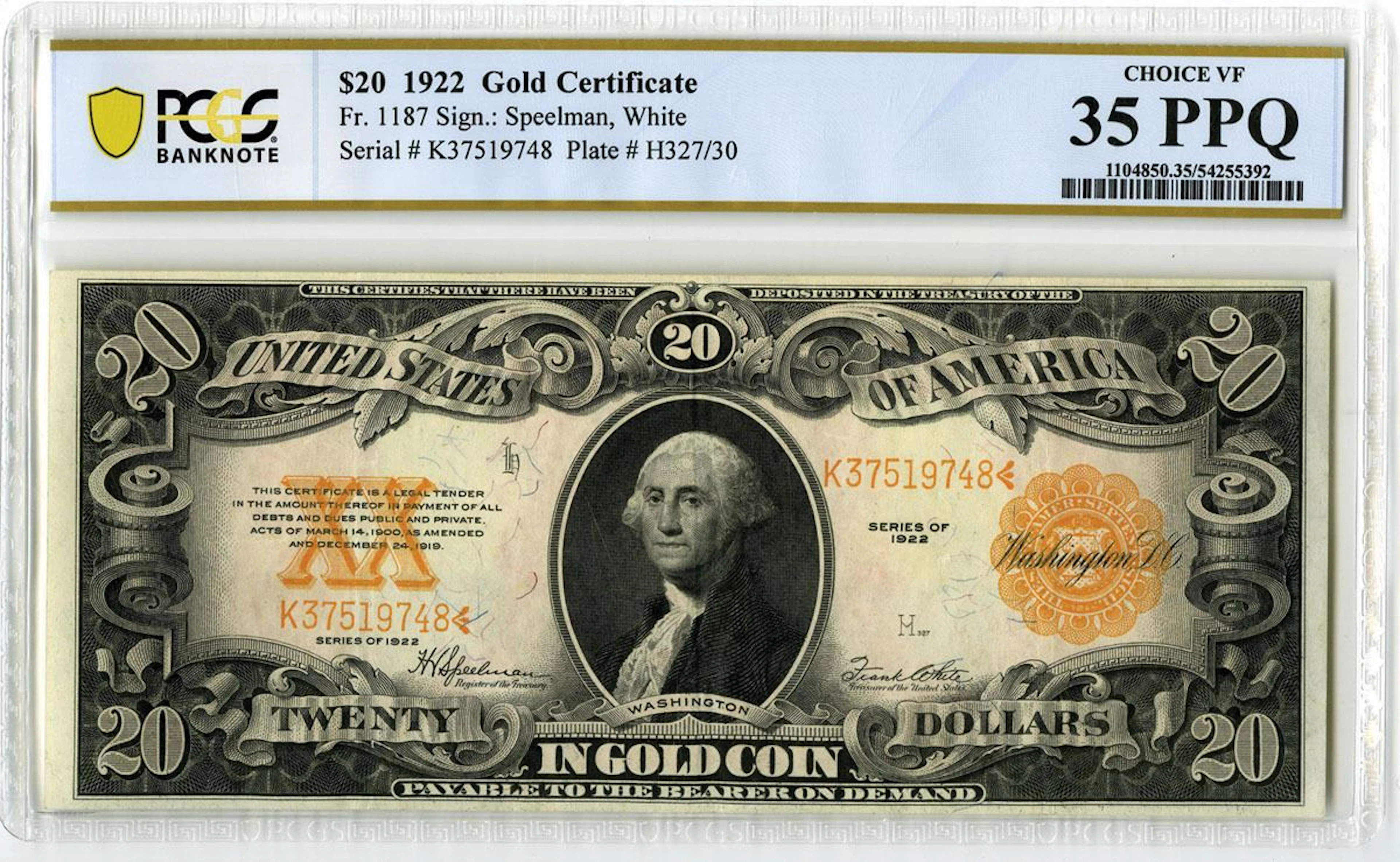 U.S. Gold Certificate. 1922 $20, Fr.# 1187, Issued Banknote, PCGS