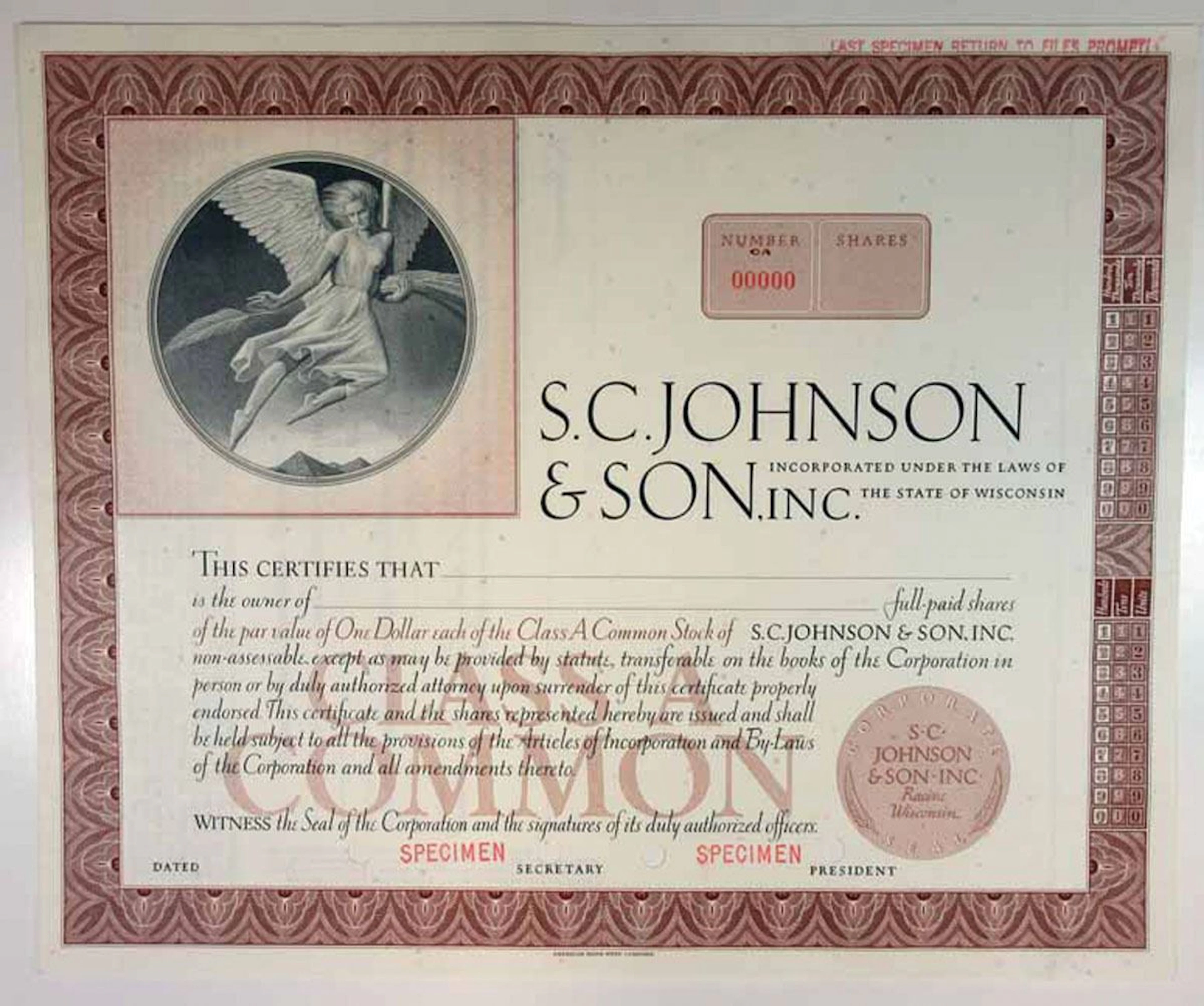 WI. S.C. Johnson & Son, Inc., 1968 Specimen Stock Certificate