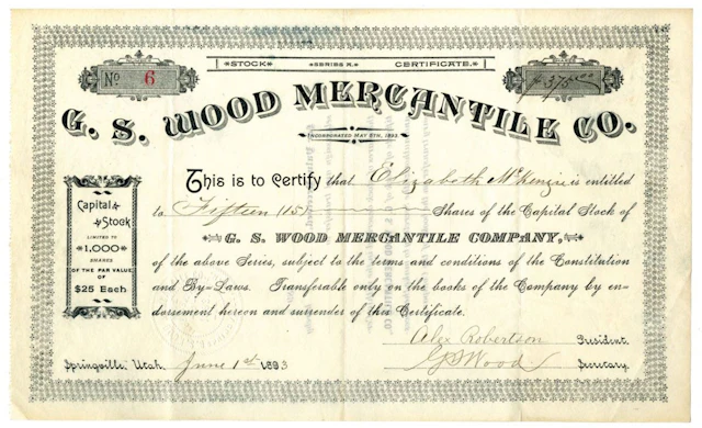 Utah Territory. G. S. Mercantile Co., 1893, Important Mormon Company