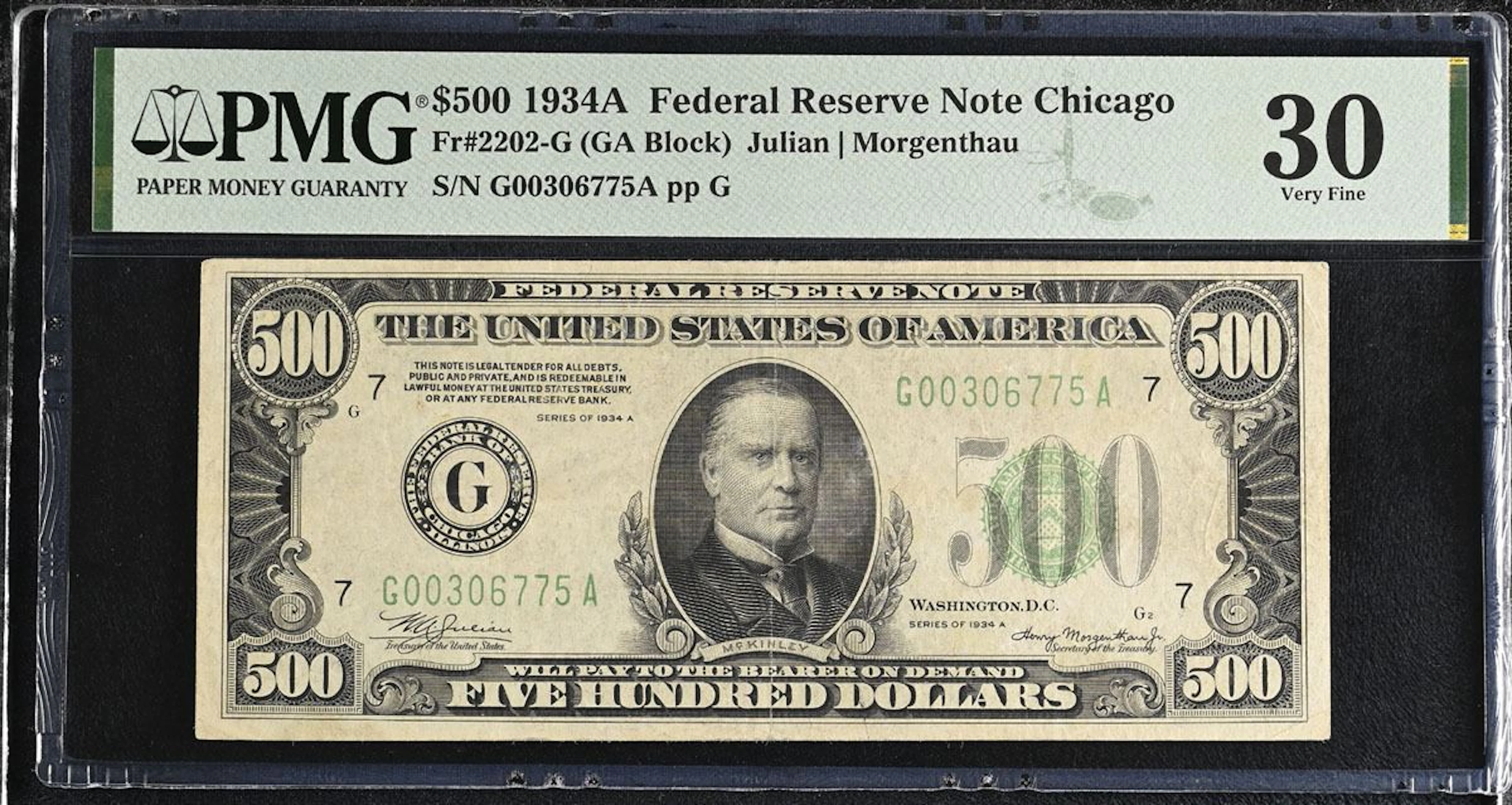 U.S. F.R.N., Chicago. 1934A $500, Fr.# 2202-G, Issued Banknote, PMG