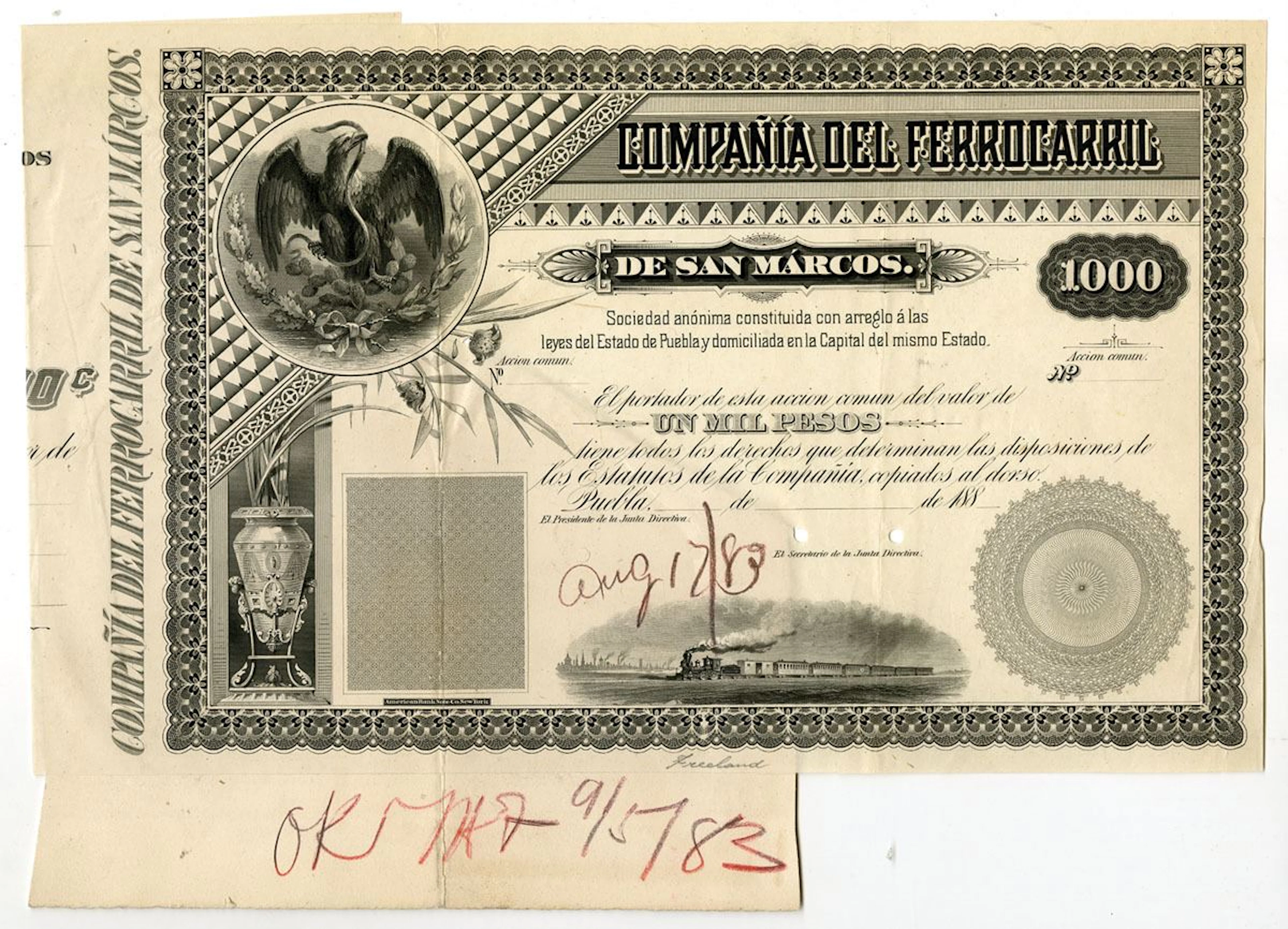 Mexico. Compania Del Ferrocarril De San Marcos, 1883 Unique Progress