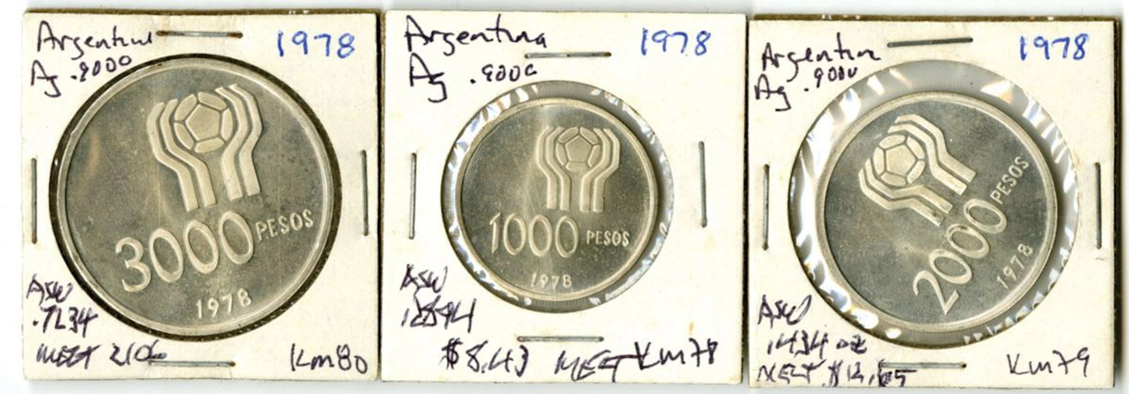 Argentina, 1978 World Cup Commemorative Silver Trio, 1000, 2000 & 3000 Pesos