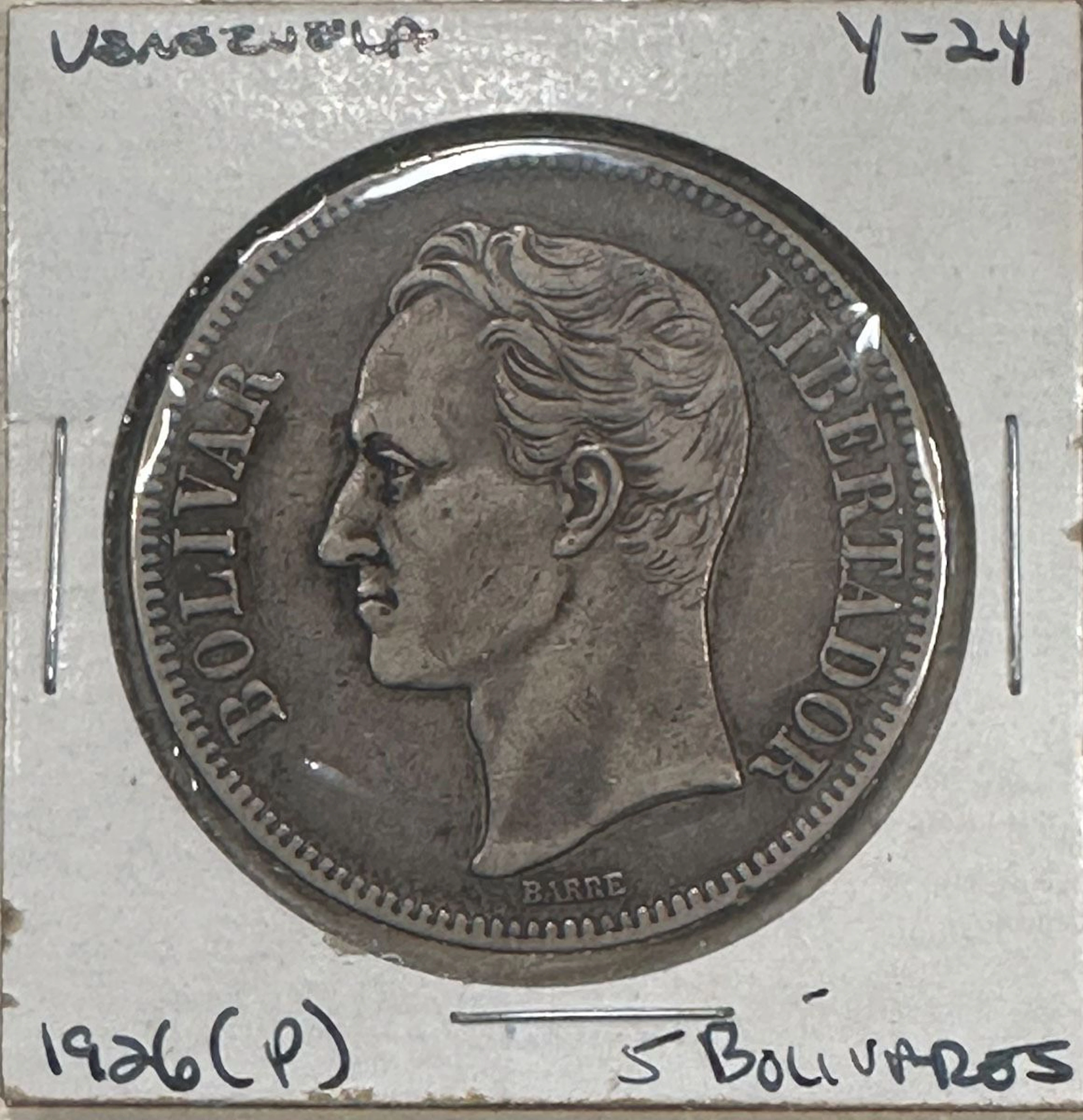 Venezuela, 1926 (P), 5 Bolivares, Y-24