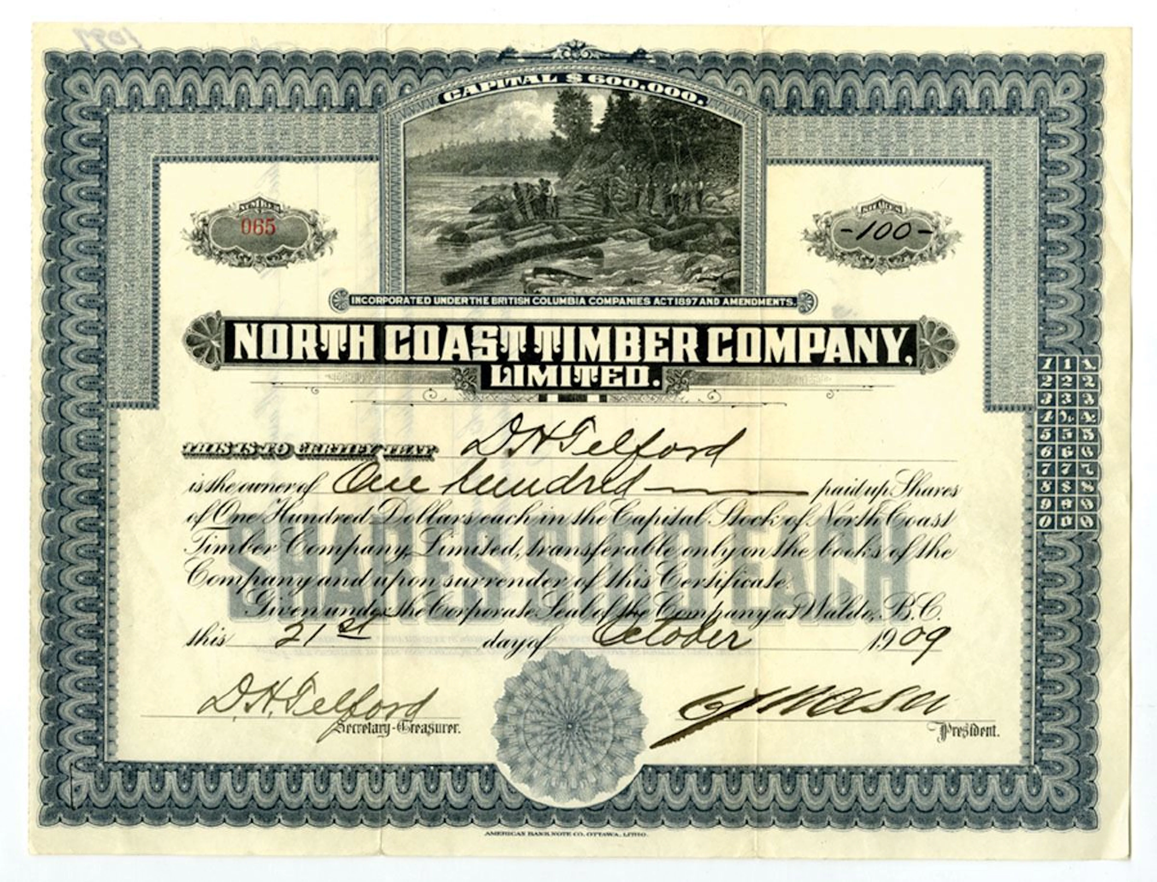 Canada. North Coast Timber Co. Ltd., 1909, I/U Stock Certificate.