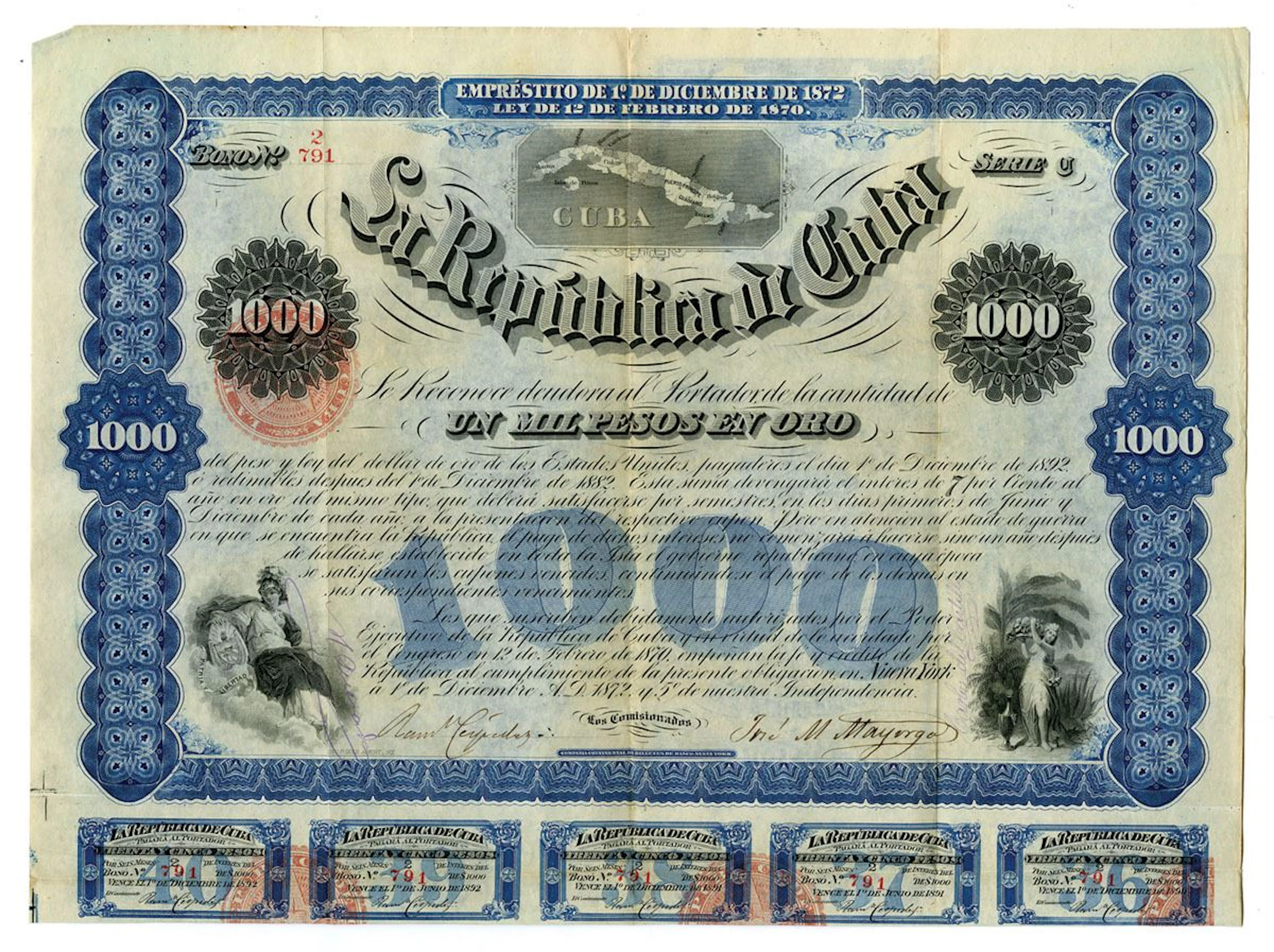 Cuba. Republica de Cuba, 1872, I/U 1000 Pesos Gold Coupon Bond.