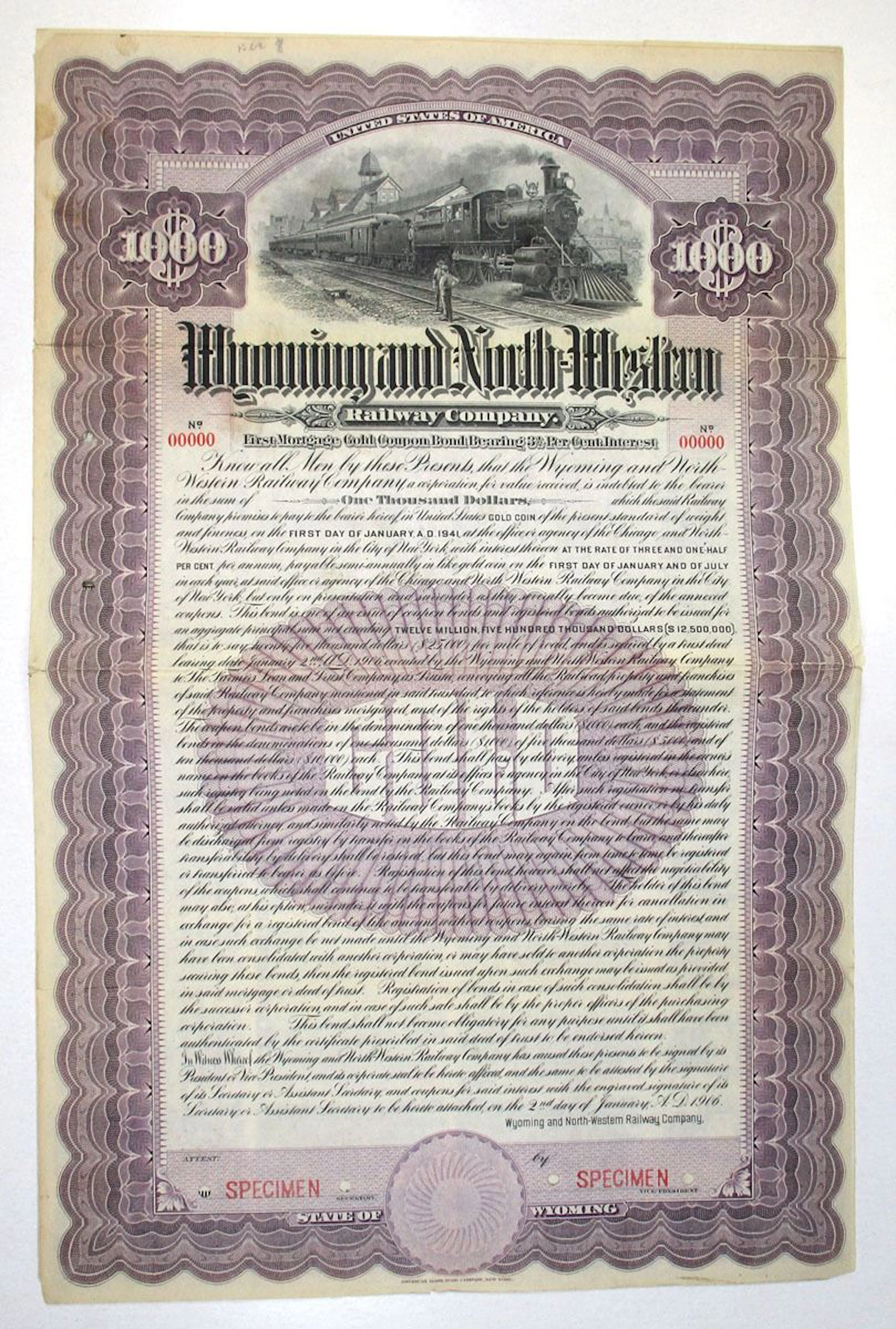WY. Wyoming and North-Western Railway Co., 1906, Specimen Gold Coupon Bond.