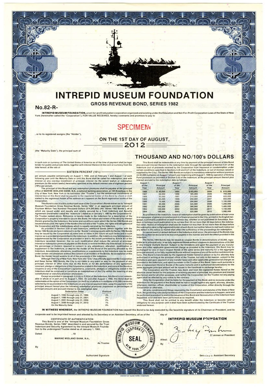 NY. Intrepid Museum Foundation, Gross Revenue Bond, Series of 1982