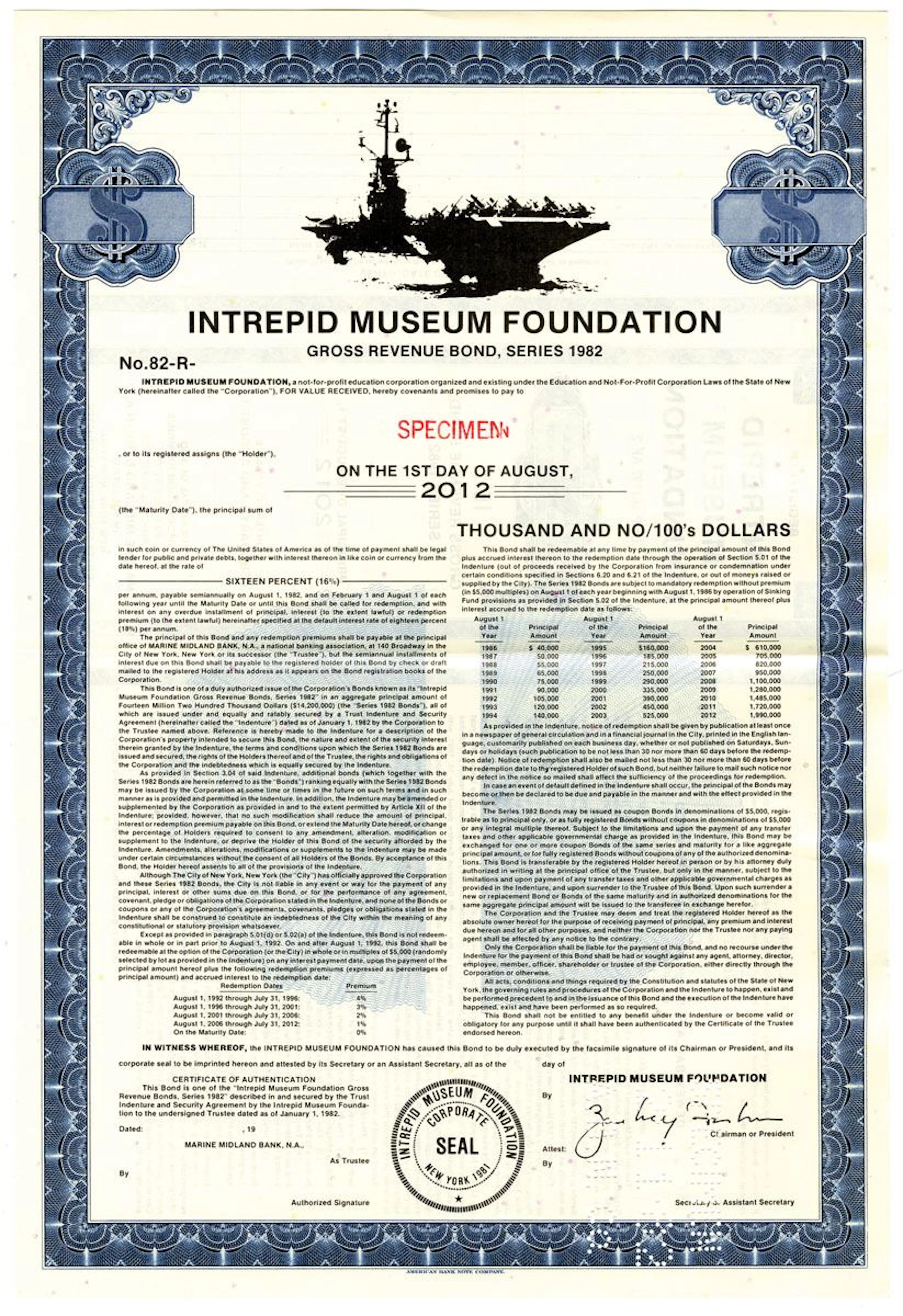 NY. Intrepid Museum Foundation, Gross Revenue Bond, Series of 1982