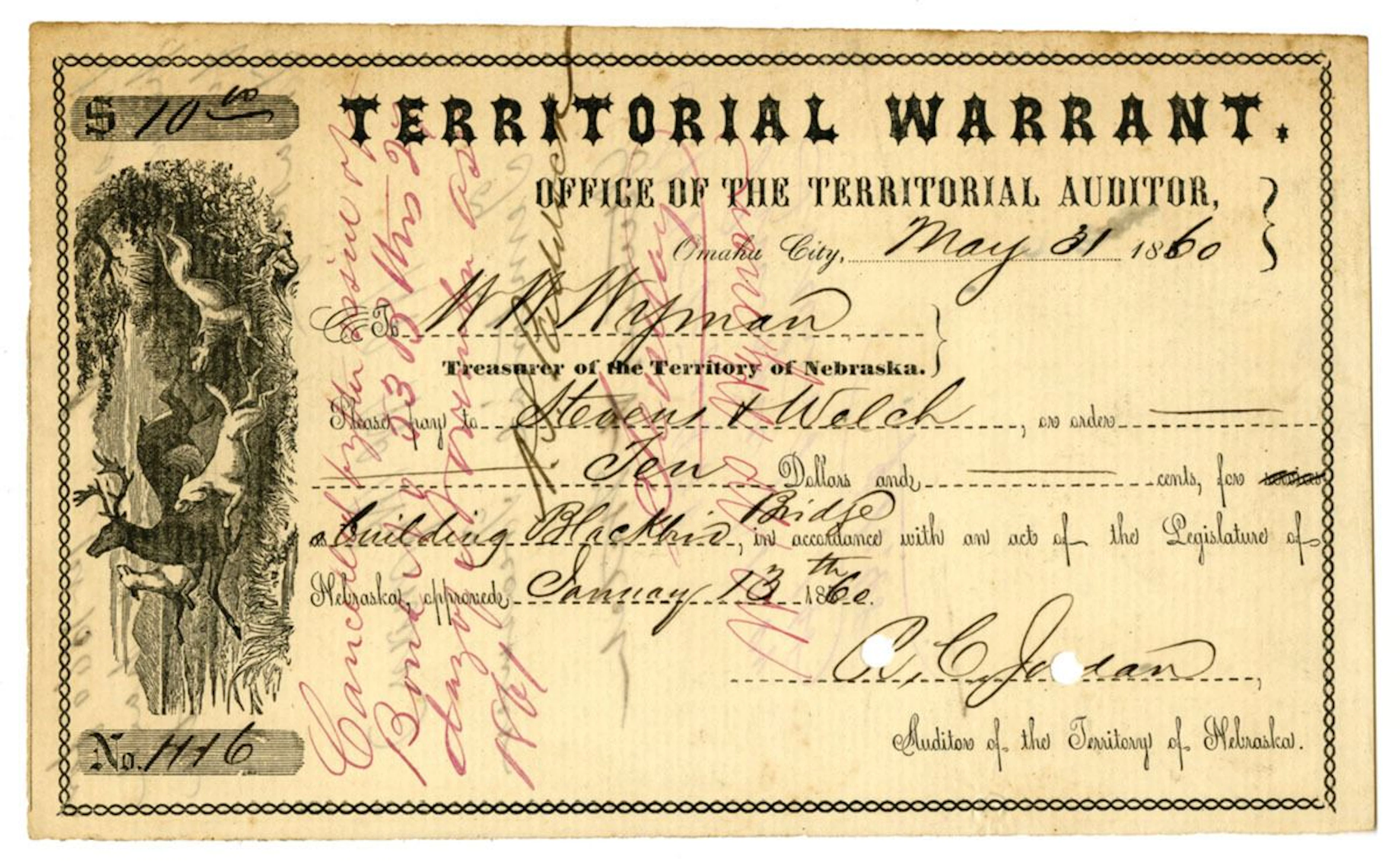 Nebraska Territory. Office of the Territorial Auditor, 1860, I/C Territorial