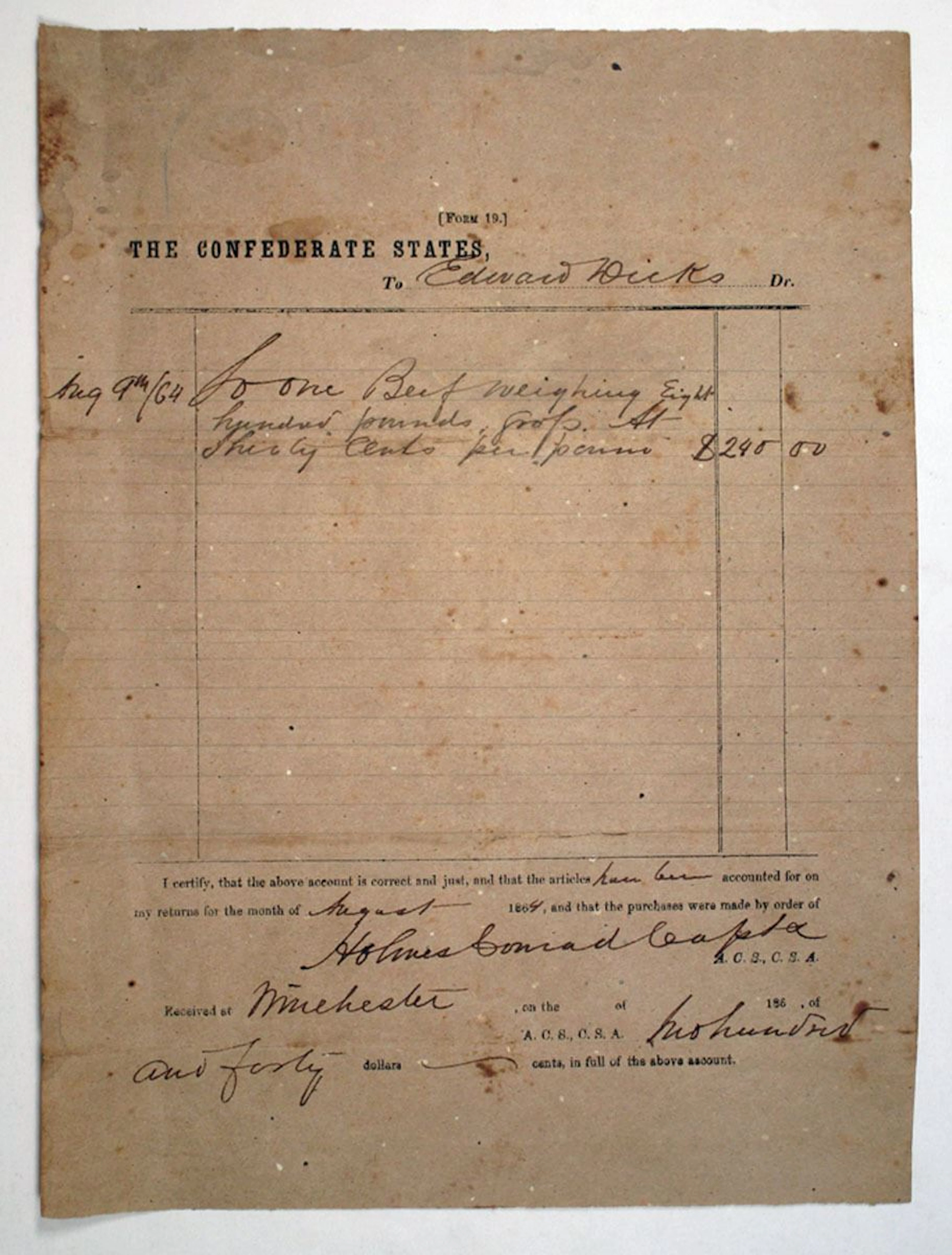 C.S.A., Confederate States Form #19, August, 1864 Purchase order for