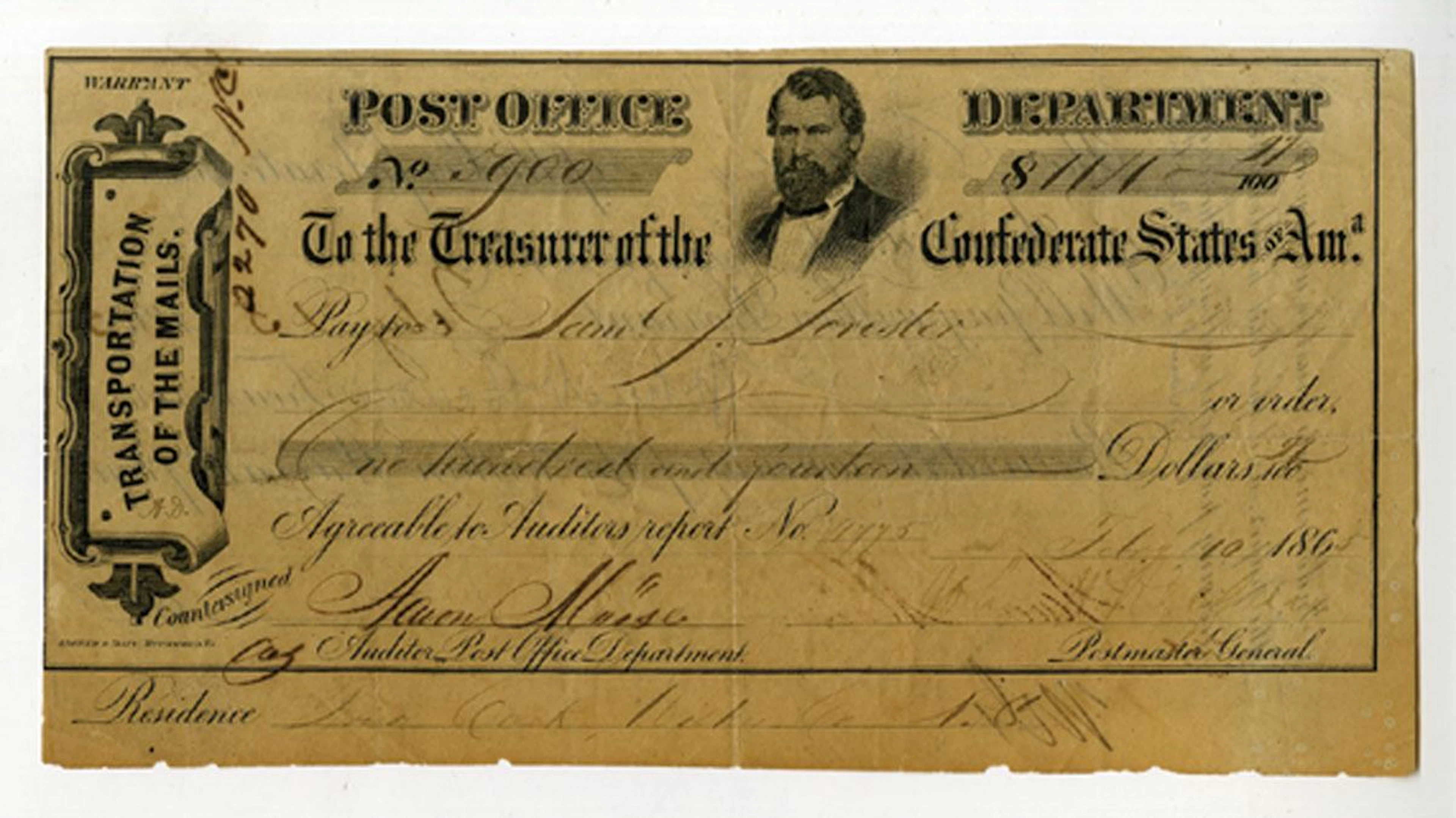 C.S.A., Post Office Department, Treasurer of the Confederate States