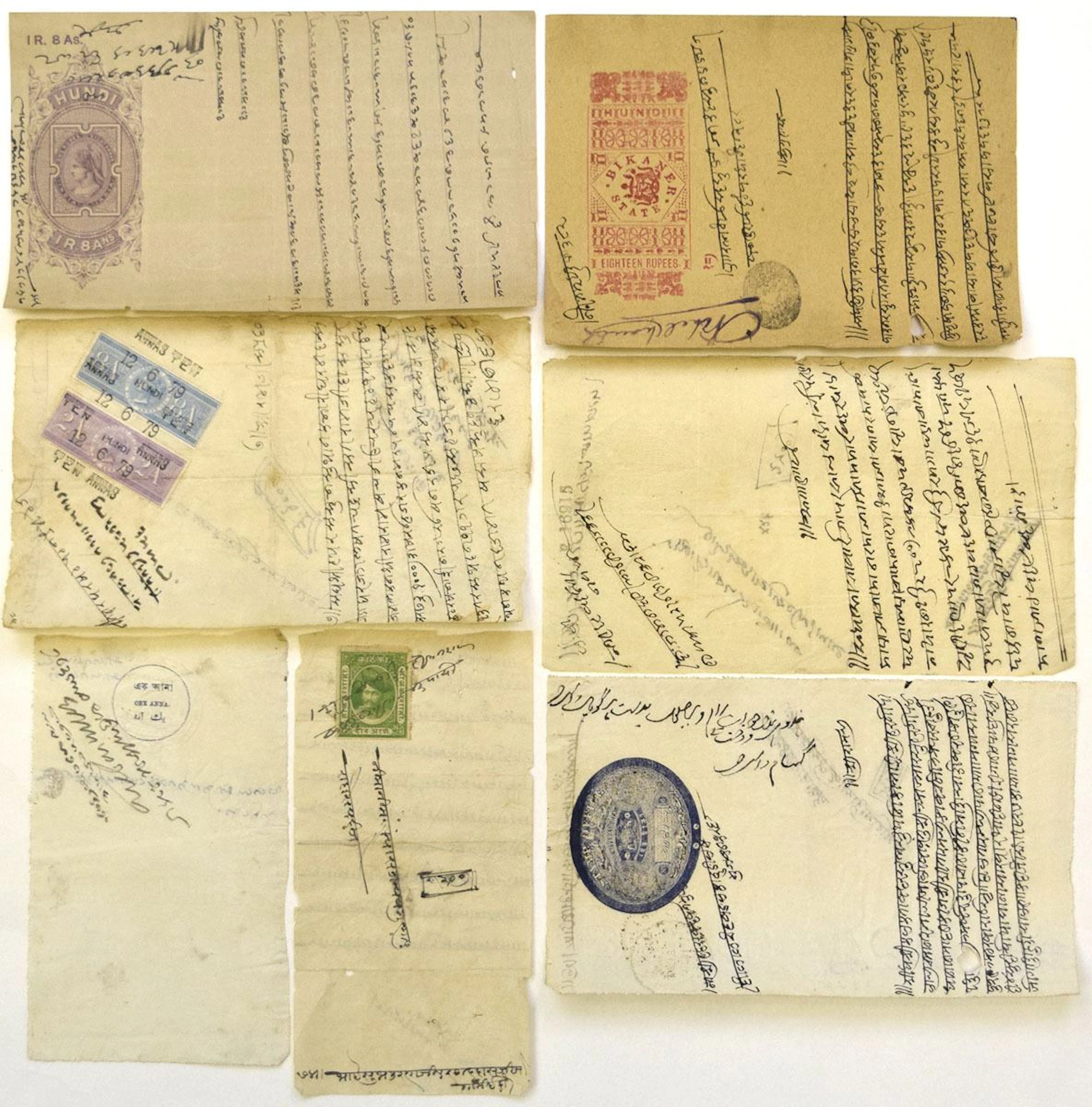 India. Revenue Stamped Documents, ca.1880 to 1930s.
