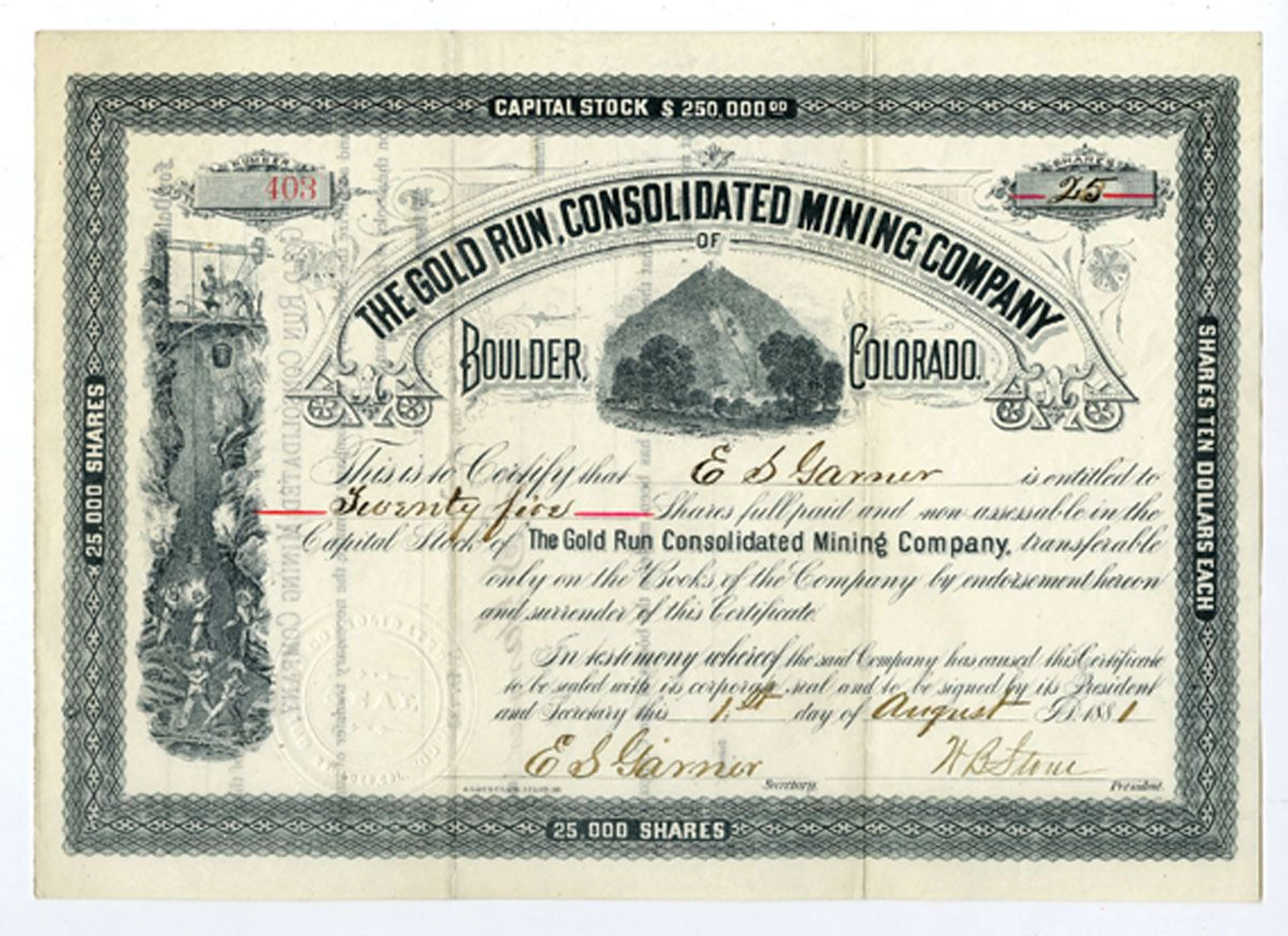 CO. Gold Run Consolidated Mining Company of Boulder, 1881 I/U Stock