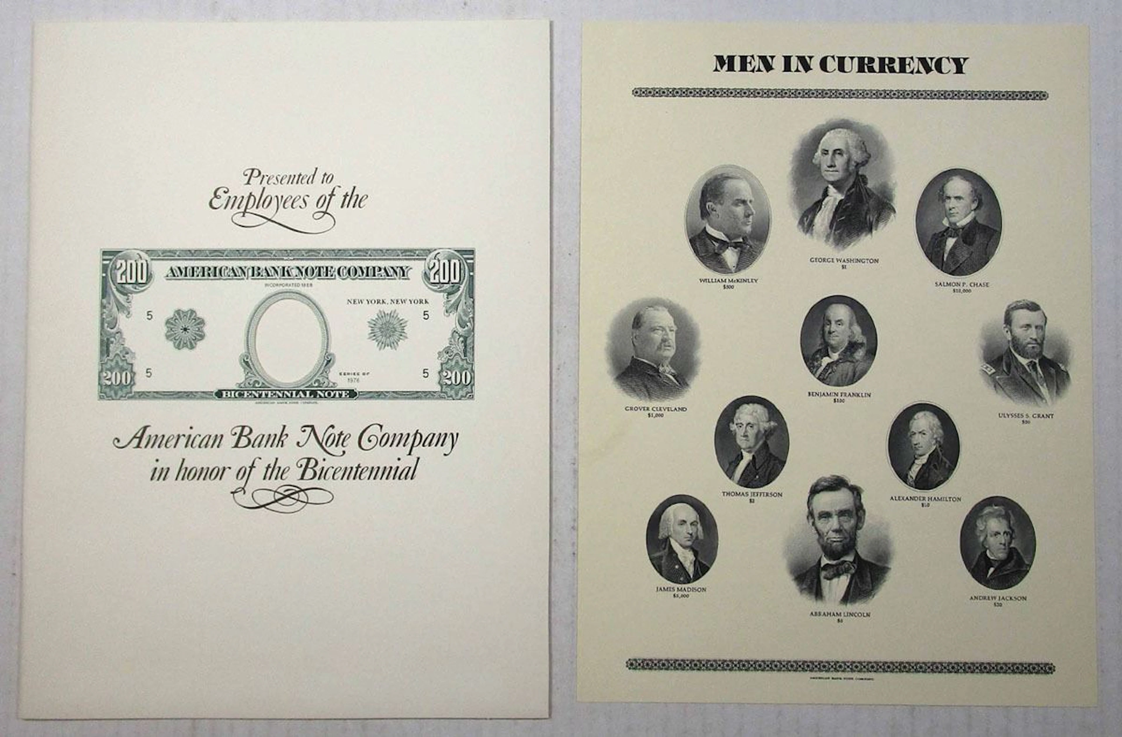 ABNC Employee Bicentennial Presentation Souvenir Card Folder and Cards, 1976.