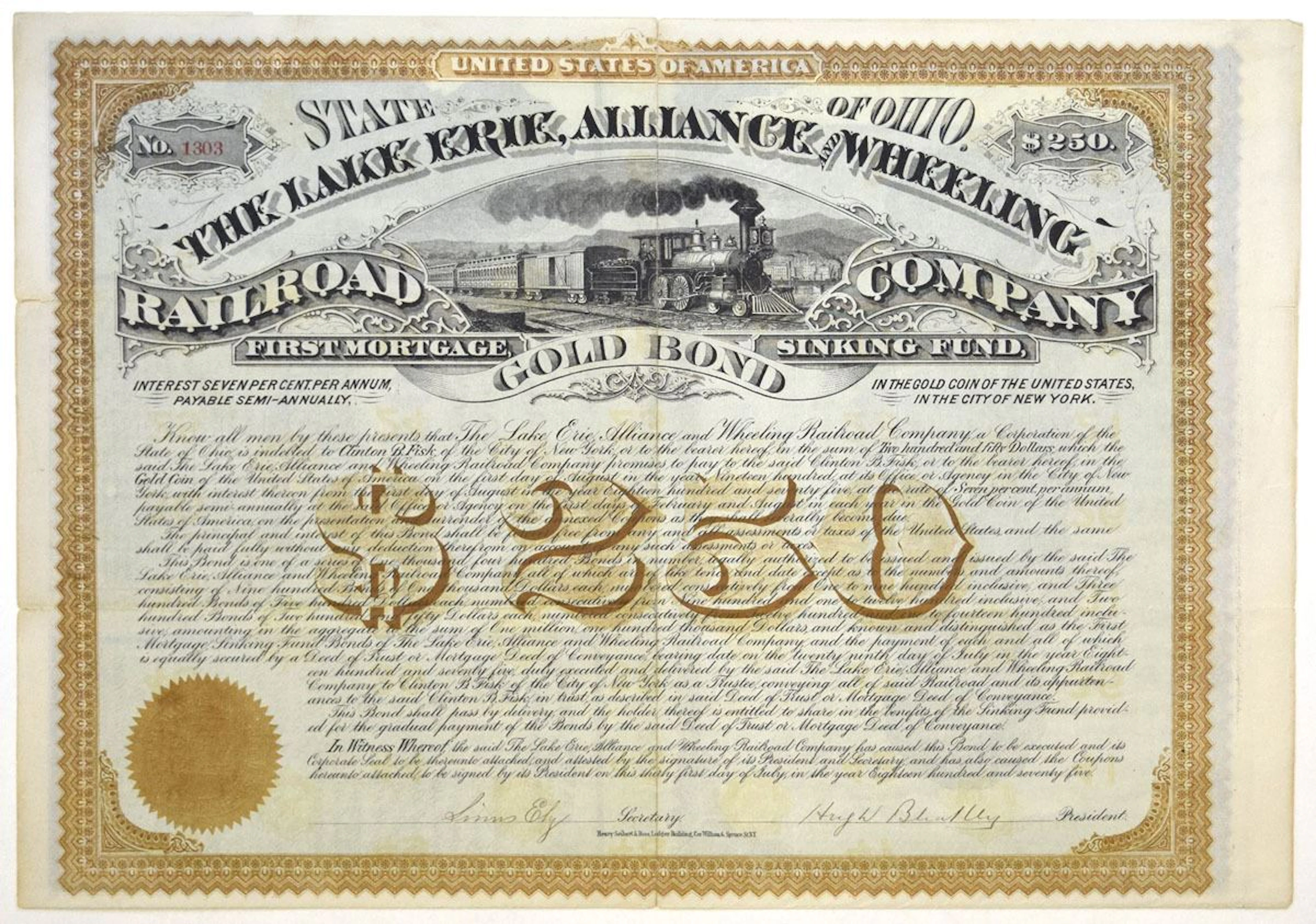 OH. Lake Erie, Alliance and Wheeling Railroad Co., 1875, I/U Coupon Bond.