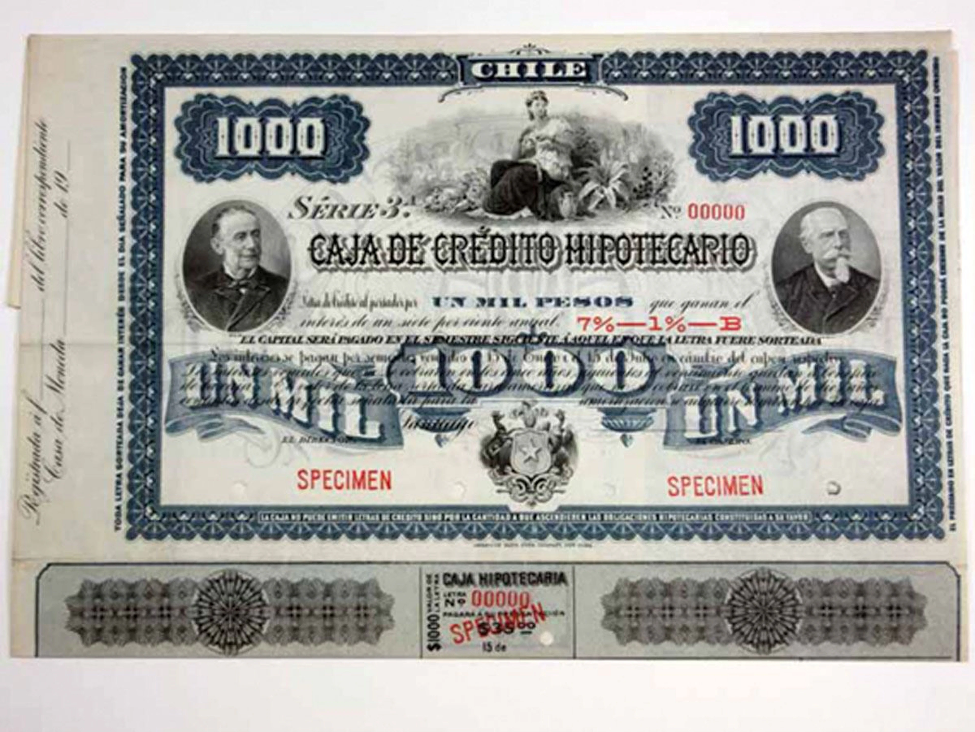 Chile. Caja De Credito Hipotecario, 1900-10s 1000 Pesos Specimen 7%