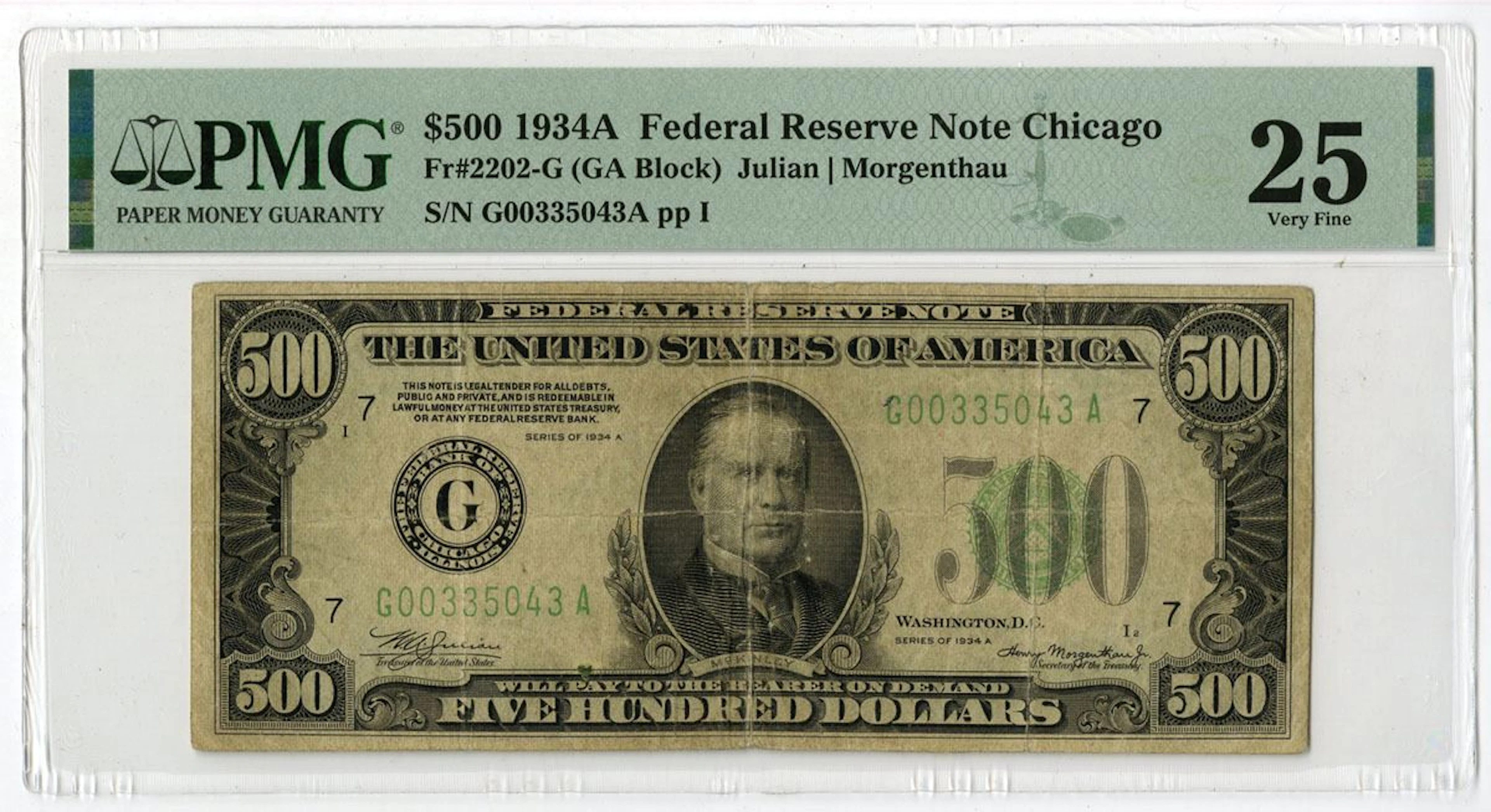U.S. F.R.N., Chicago. 1934A $500, Fr.# 2202-G, Issued Banknote, PMG
