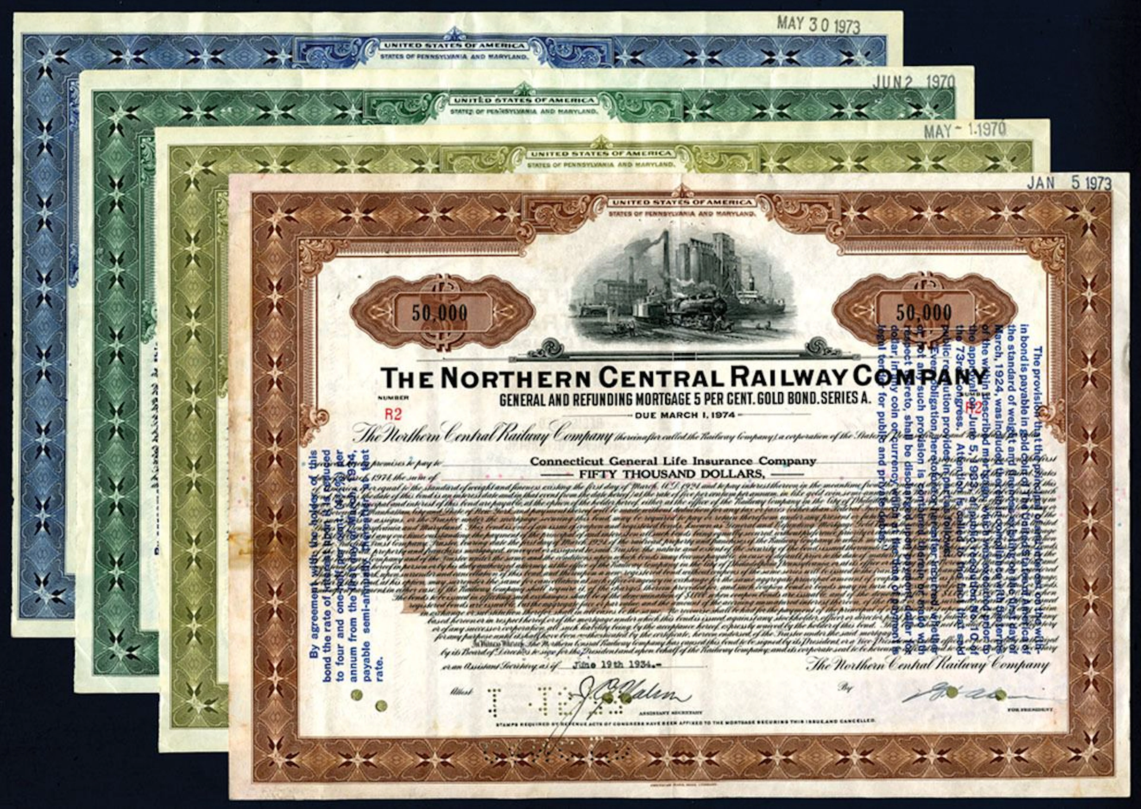 Northern Central Railway Co., 1934, 1970, 1970, and 1972 bond group.