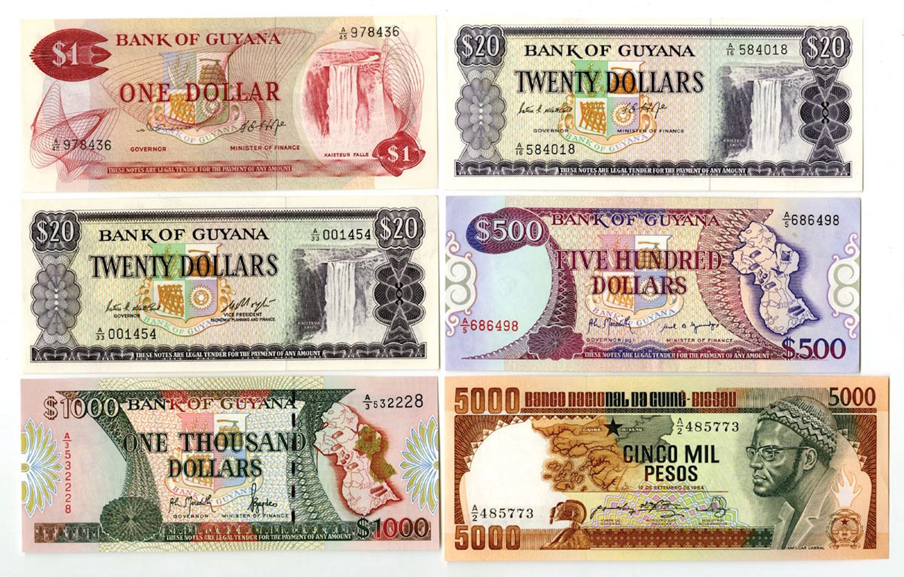 Guinea Bissau & Guyana Issued Banknote Assortment, ND (1966-89) to ND (1992).