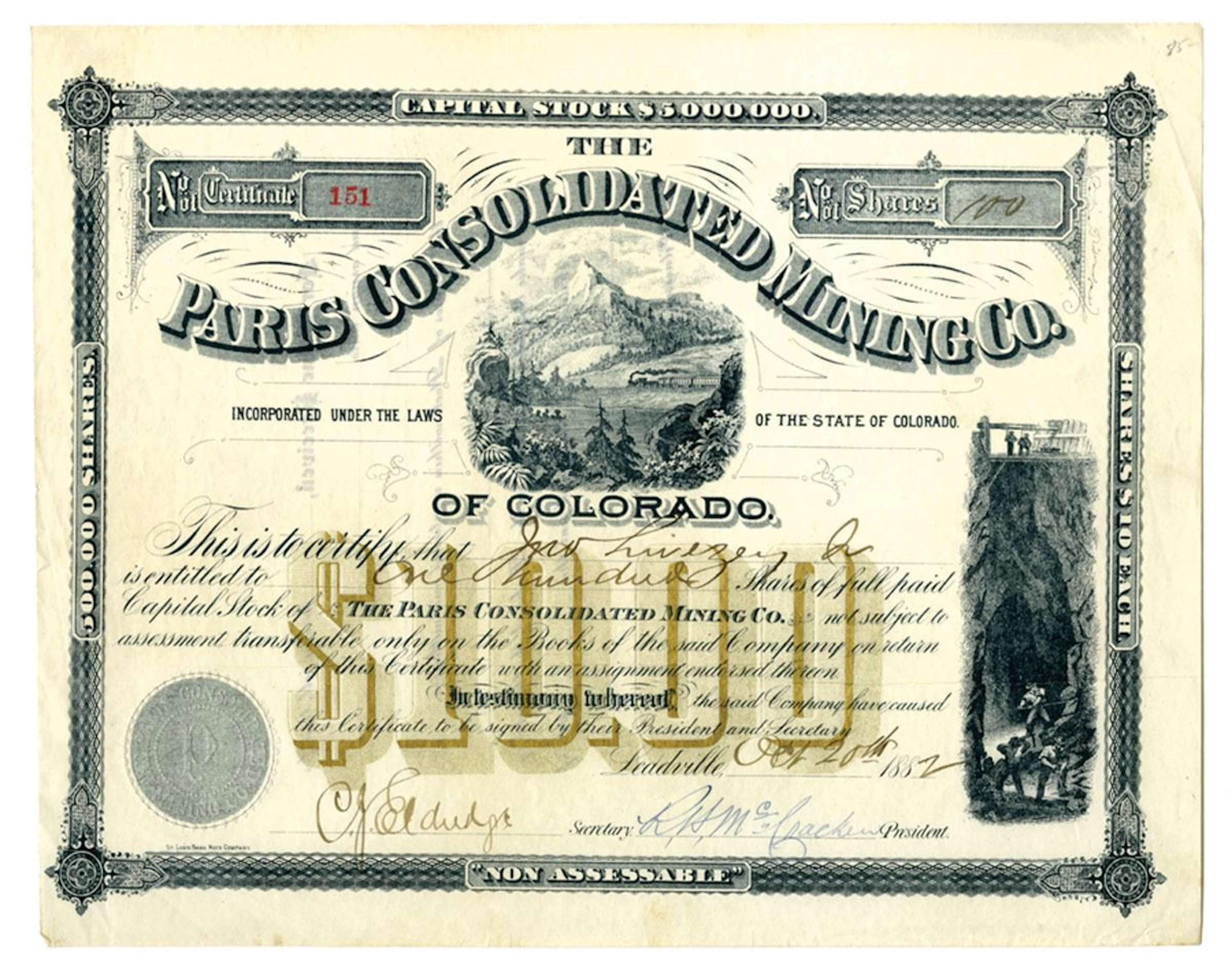 CO. Paris Consolidated Mining Co., 1882, I/U Stock Certificate.