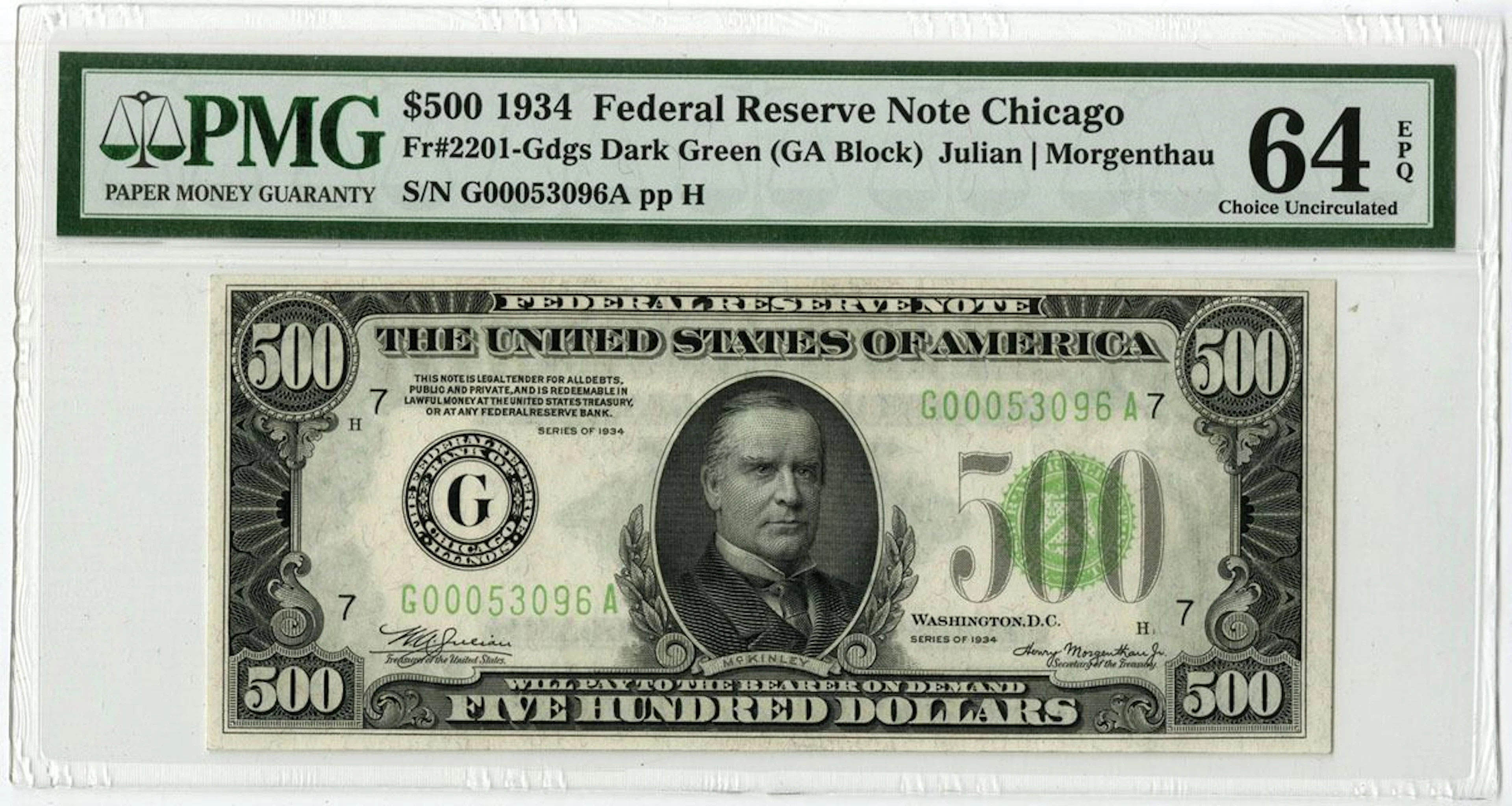 U.S. F.R.N., Chicago. 1934 $500, Fr.# 2201-G, Issued Banknote, PMG