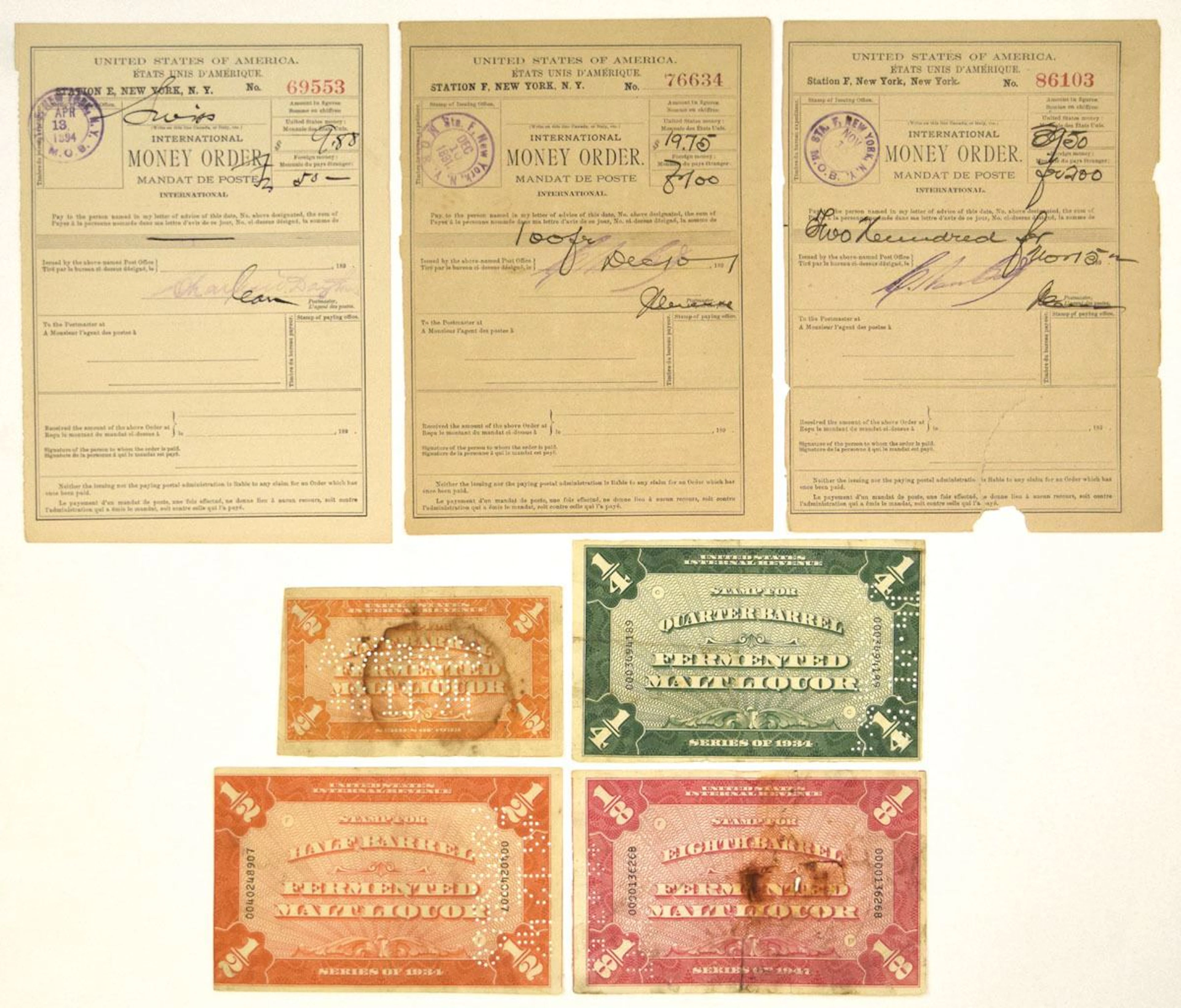 International Postal Money Orders & Fermented Malt Liquor Tax Stamp