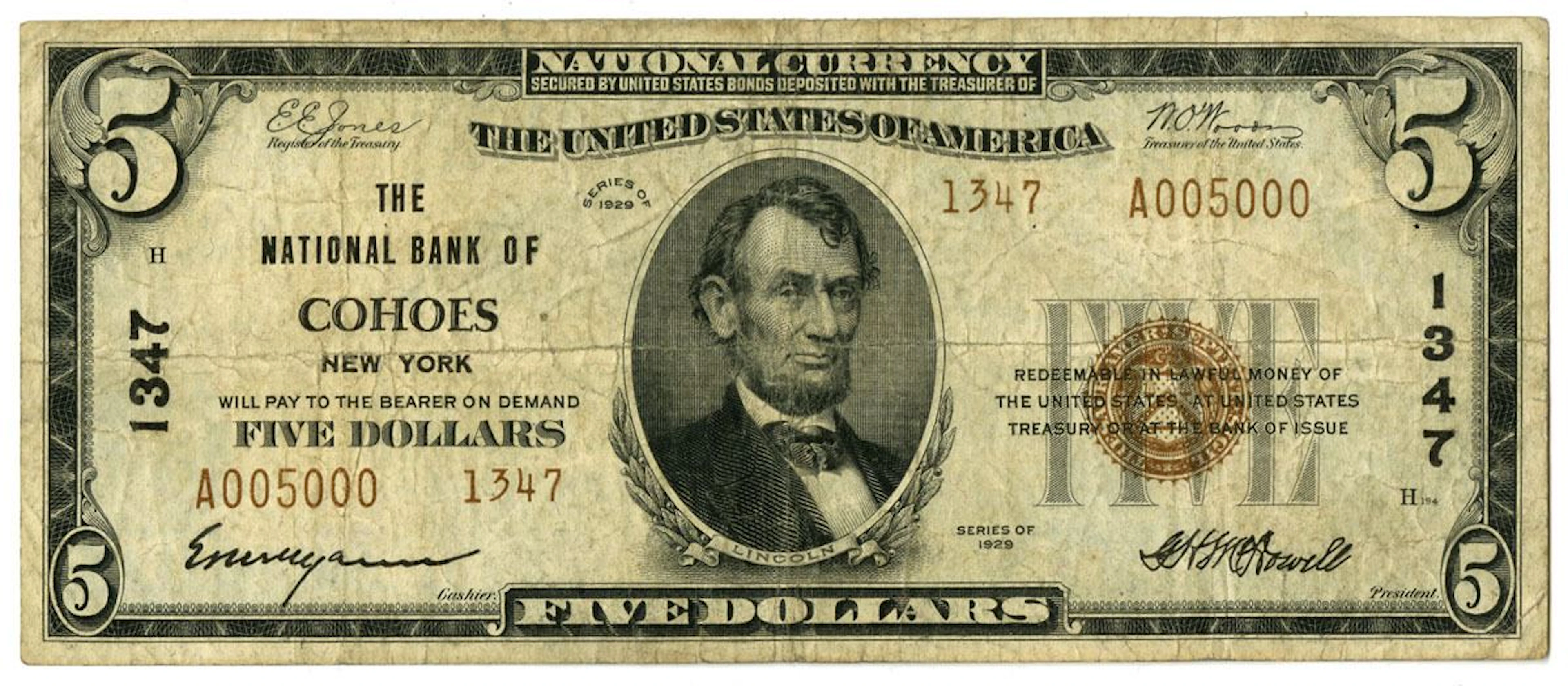 NY., National Bank of Cohoes, New York, $5 T2, Series of 1929, Ch#