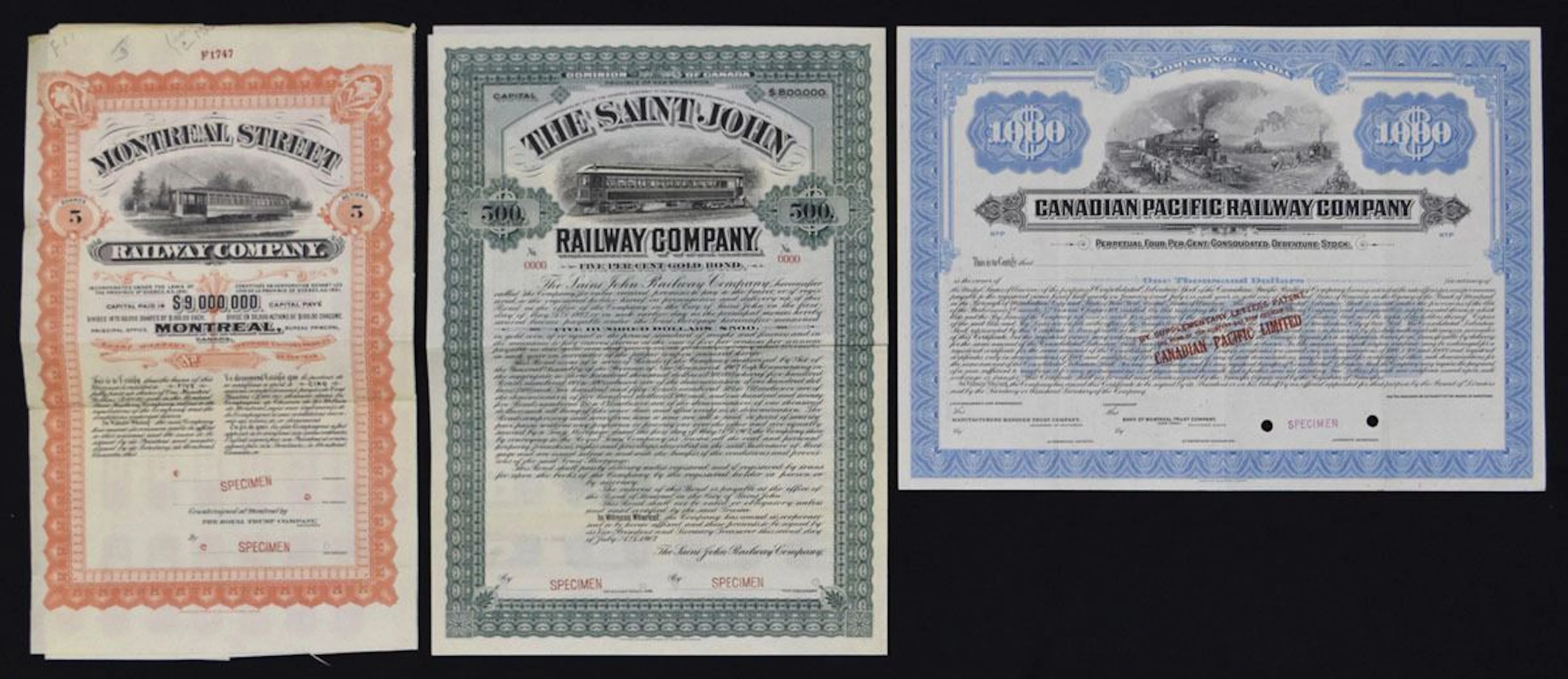 Canada. Specimen Railroad Stock and Bond Trio, ca.1900 to 1971