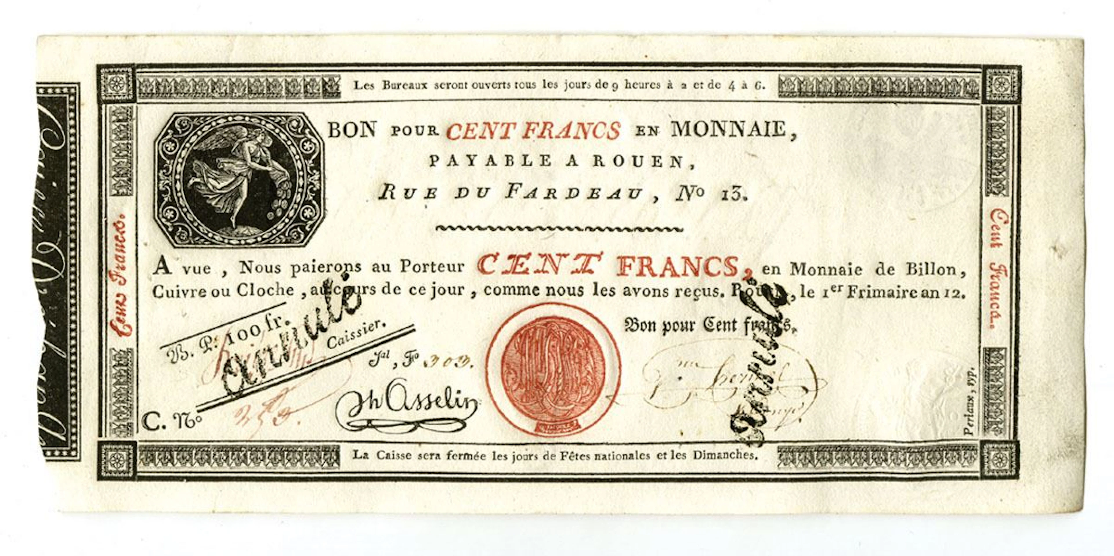 France. Caisse d'Exchange des Monnaies, Rouen, ND (1797-1803), Cancelled
