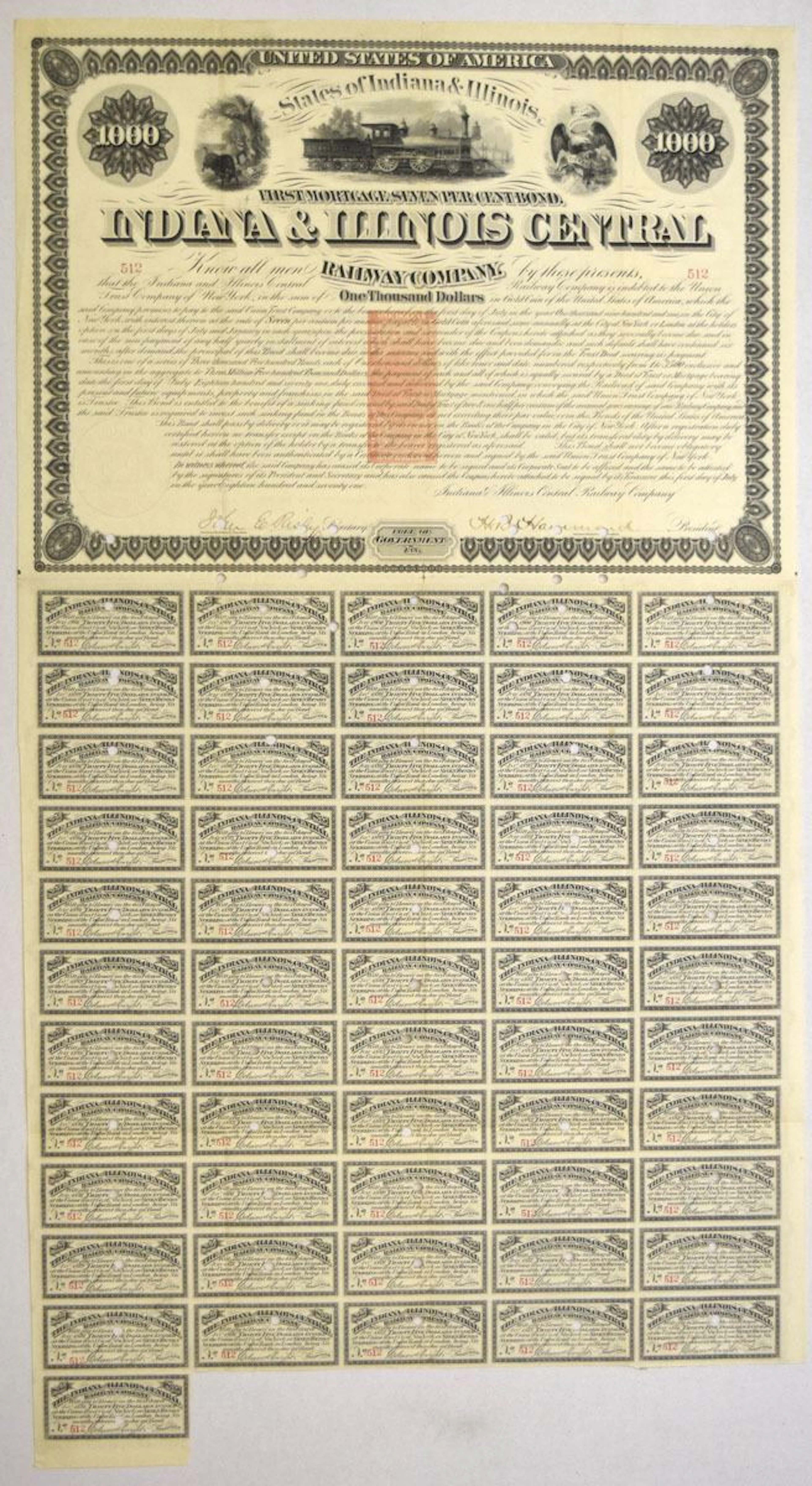 IN & IL. Indiana & Illinois Central Railway Co., 1871, I/C Coupon Bond.