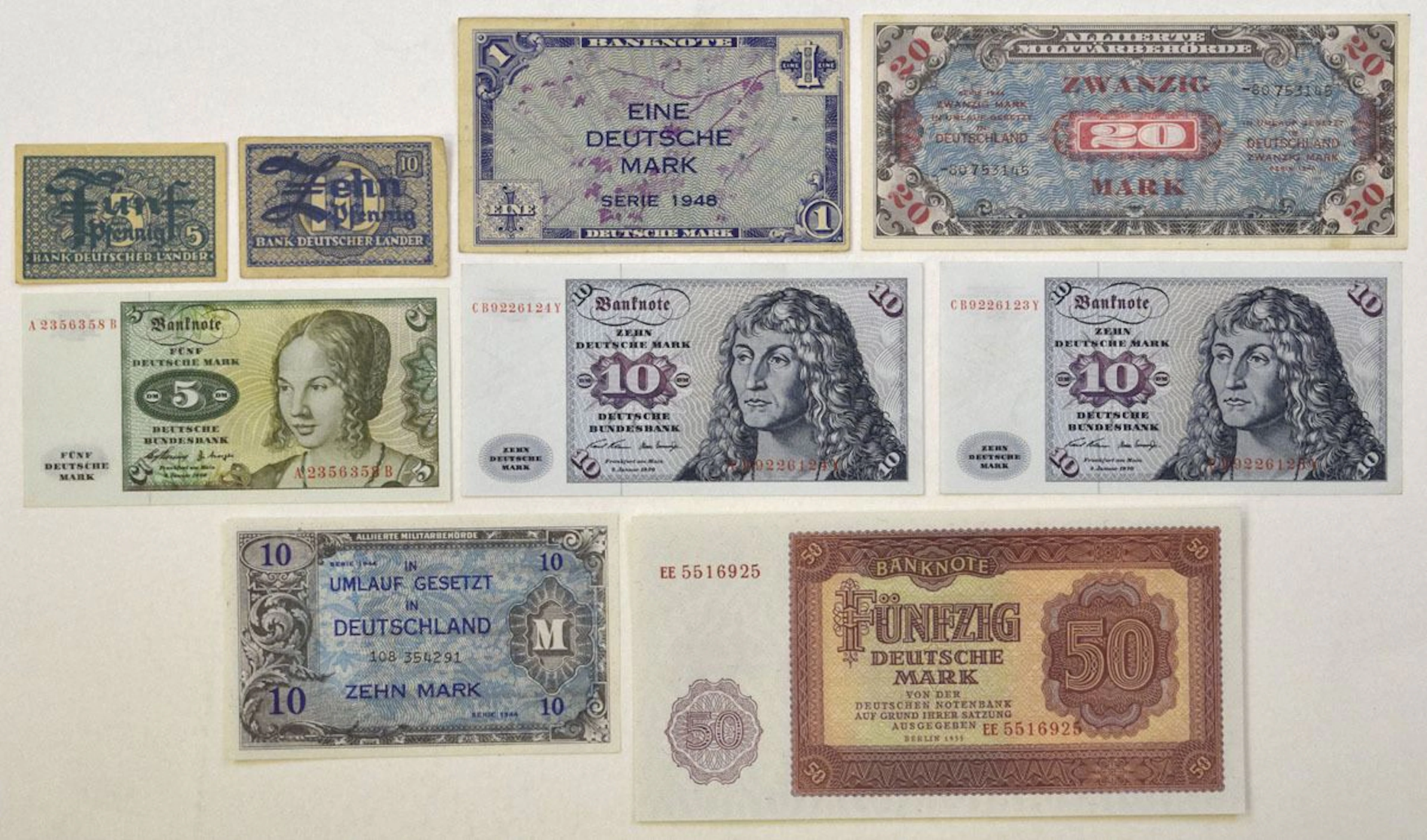 Germany. West and East German Assortment of Issued Banknotes, 1944 to 1955