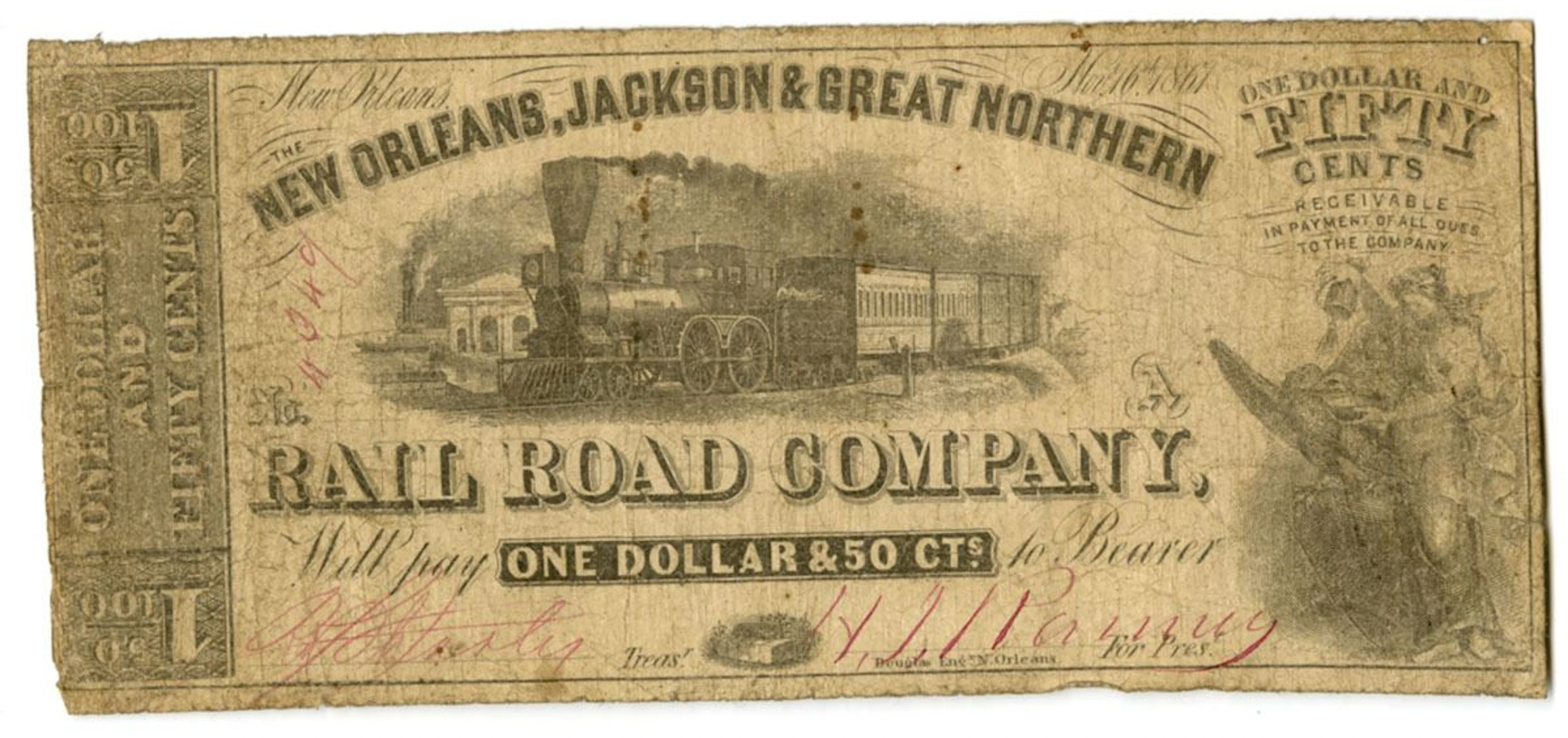 LA. New Orleans, Jackson & Great Northern Rail Road, Co., 1861, Issued