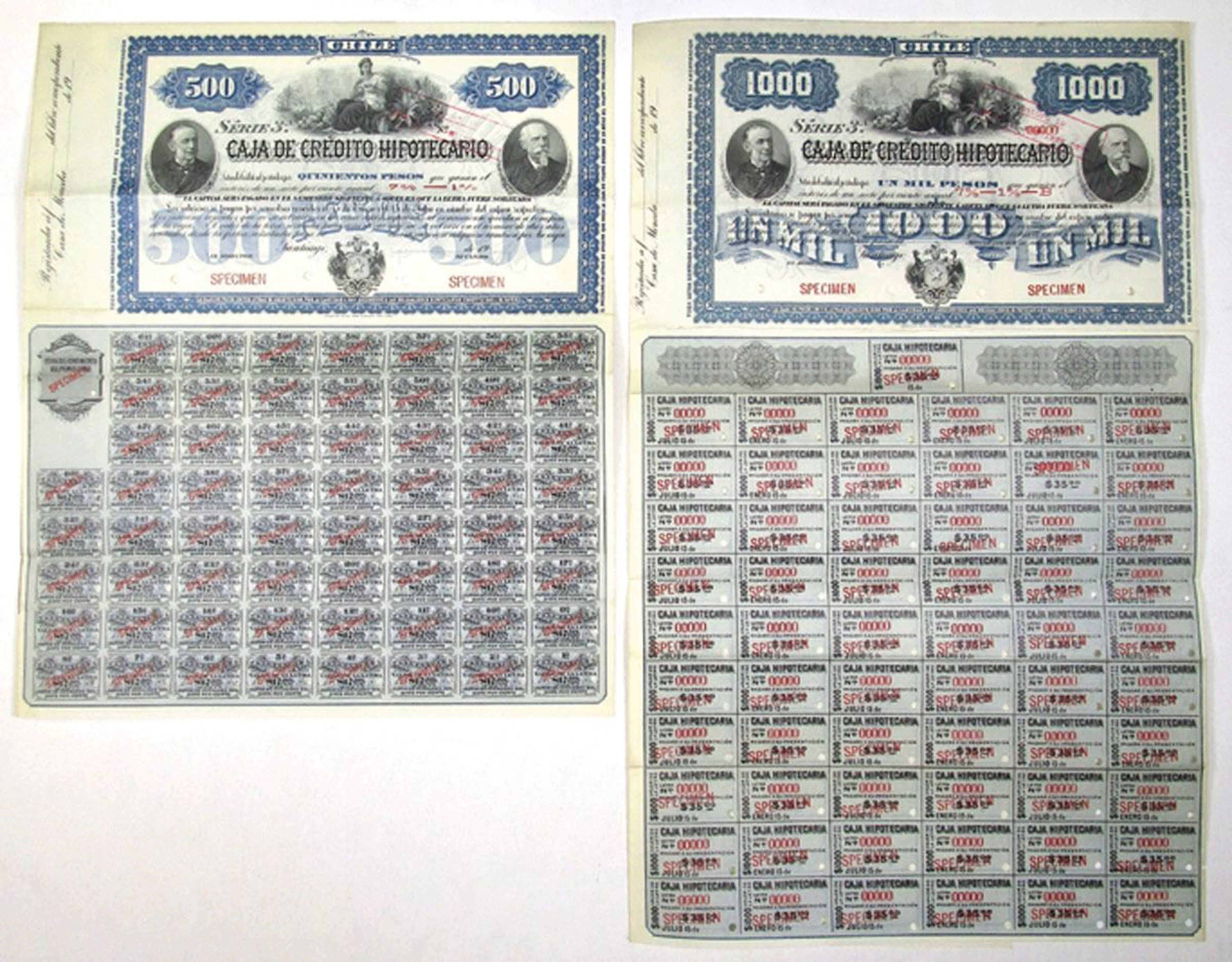 Chile. Caja de Credito Hipotecario, ND (1900), Specimen Coupon Bond Pair